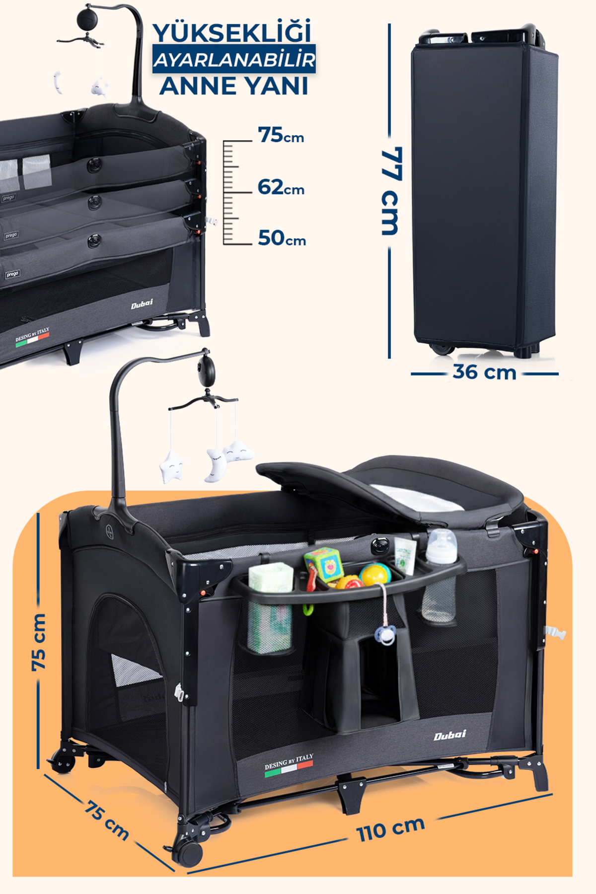 Prego Dubai 10in1 Anne Yanı Park Yatak Oyun Parkı Sallanır Beşik Yana Açılır Kolay Katlanır +Yatak Hediye fotoğrafı 7 (önizleme)