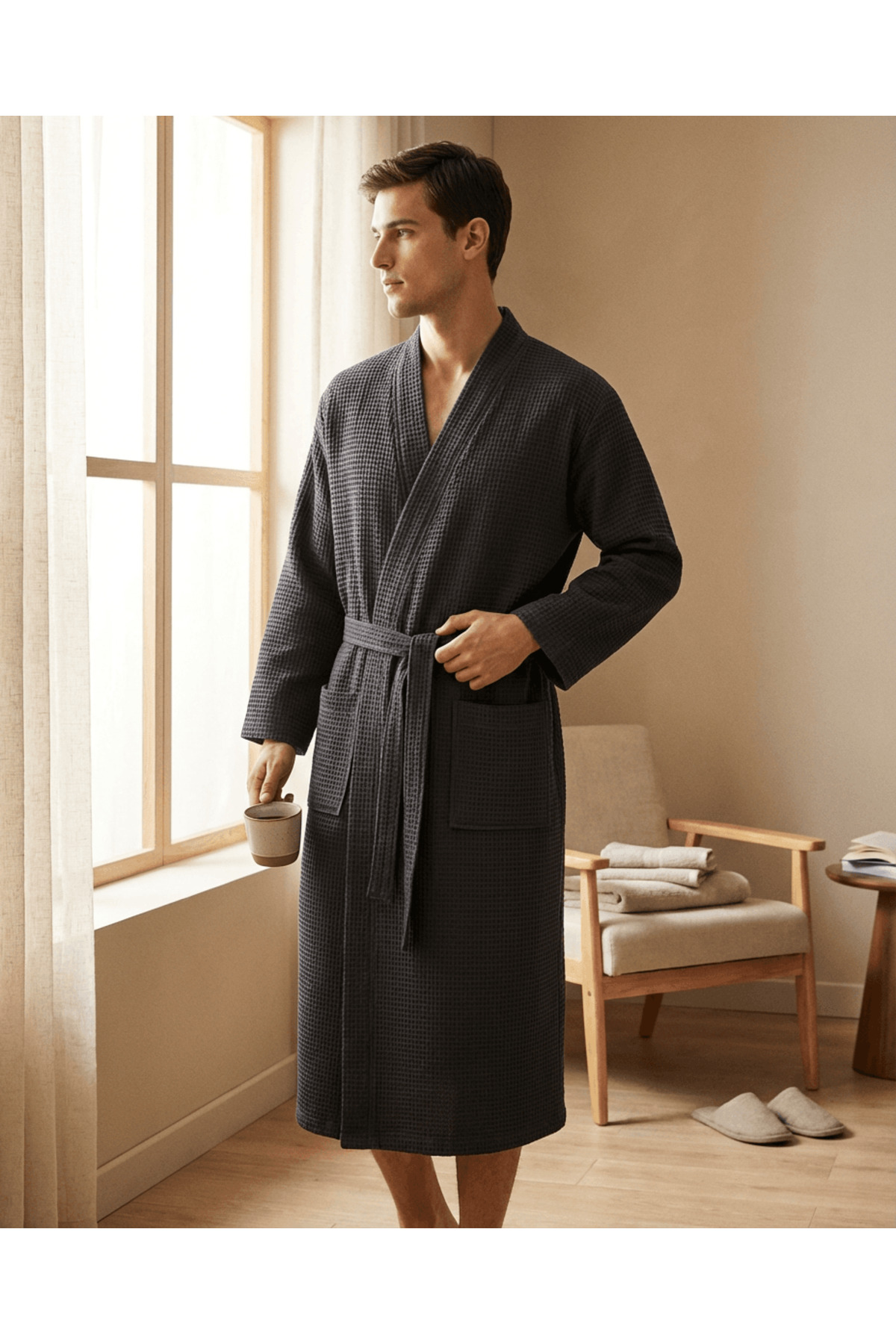 Small Honeycomb Quilting Bathrobe, Anthracite