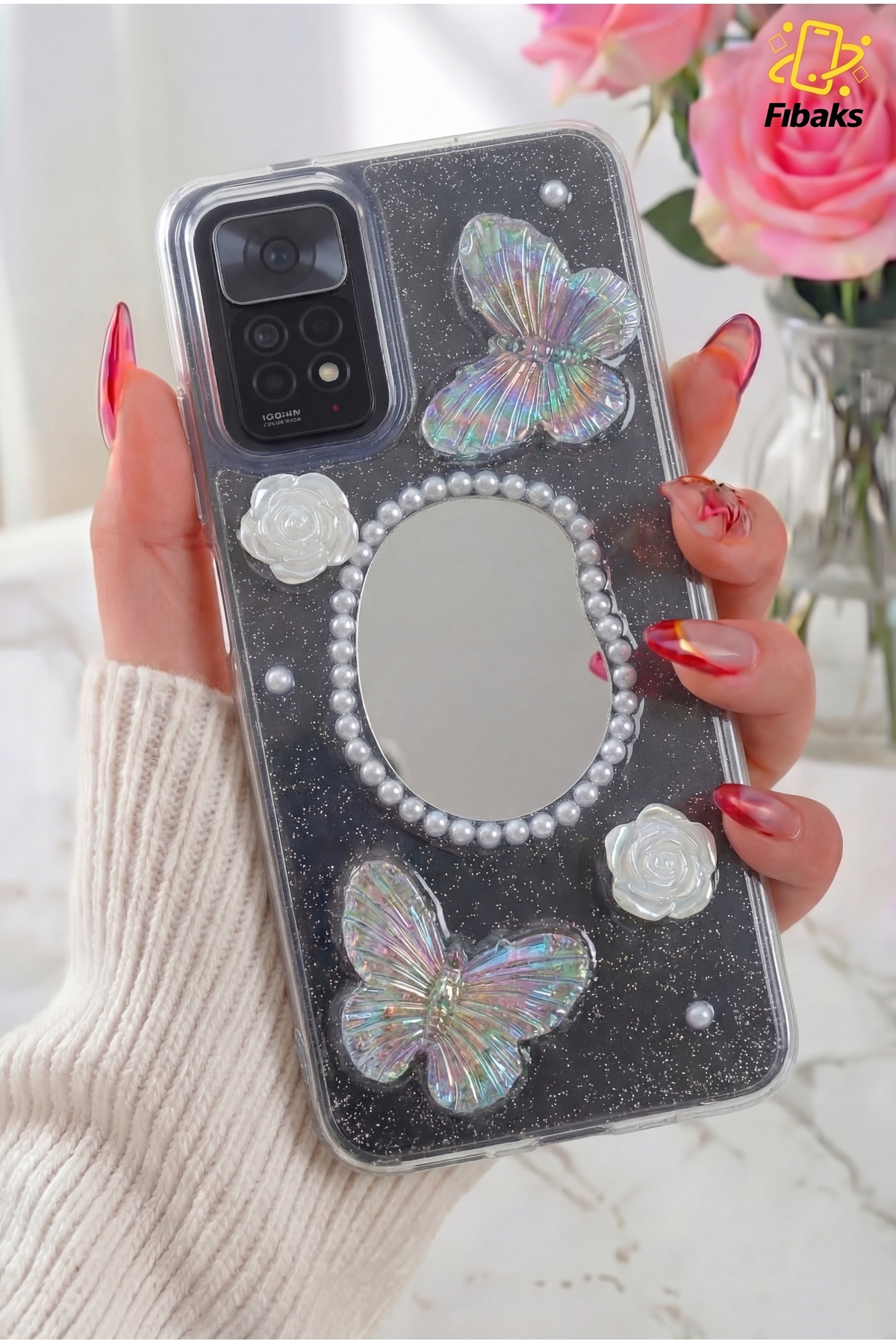 Redmi Note 11 Pro/12 Pro 4G Case 3D Butterfly Rose Mirrored Transparent Design Silicone Cover