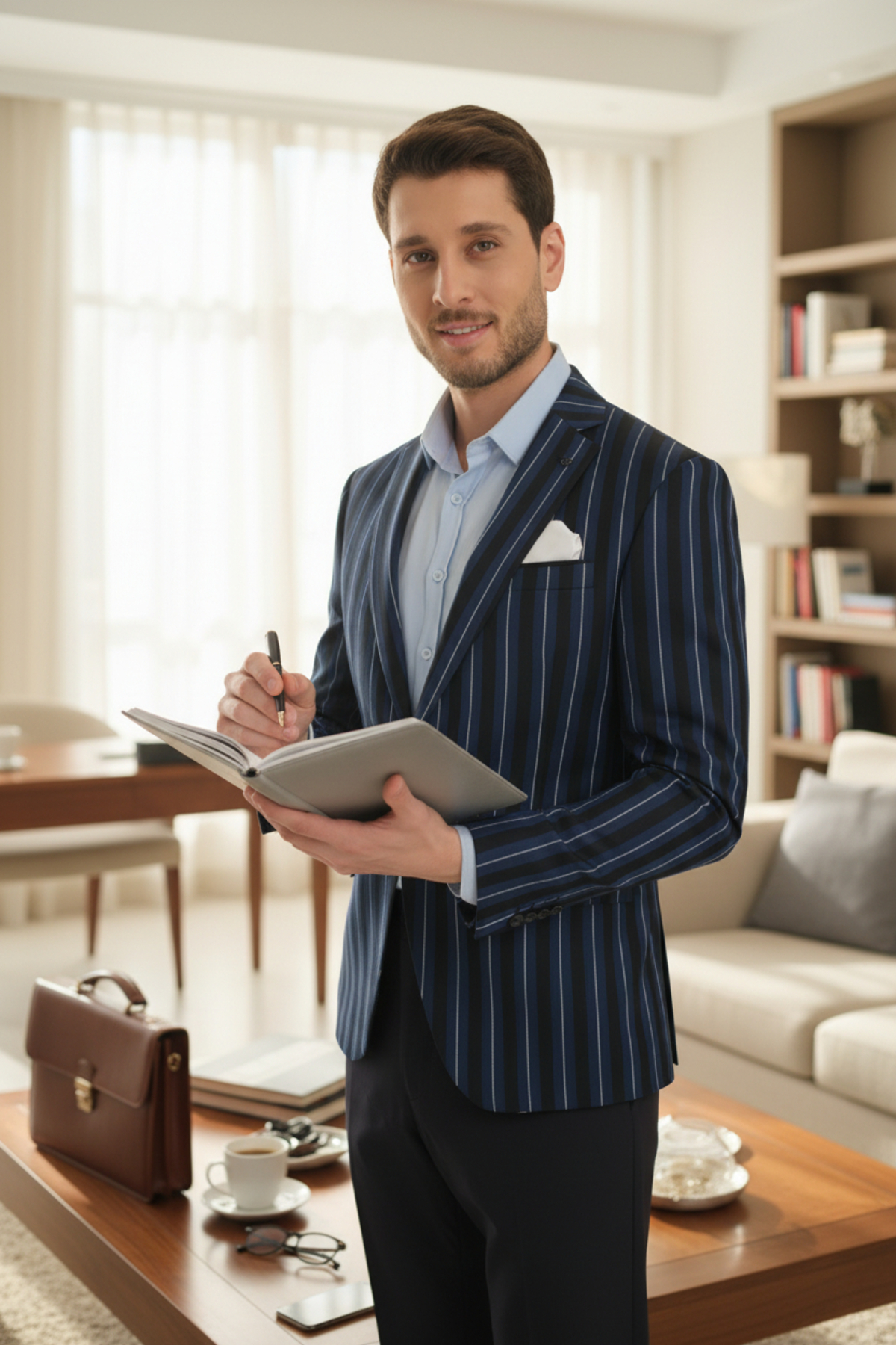 Frappoli  Adora Erkek Mavi Siyah İtalyan Çizgili Slim Fit Mono Yaka Esneyen Kumaş Blazer Ceket - Görsel 4