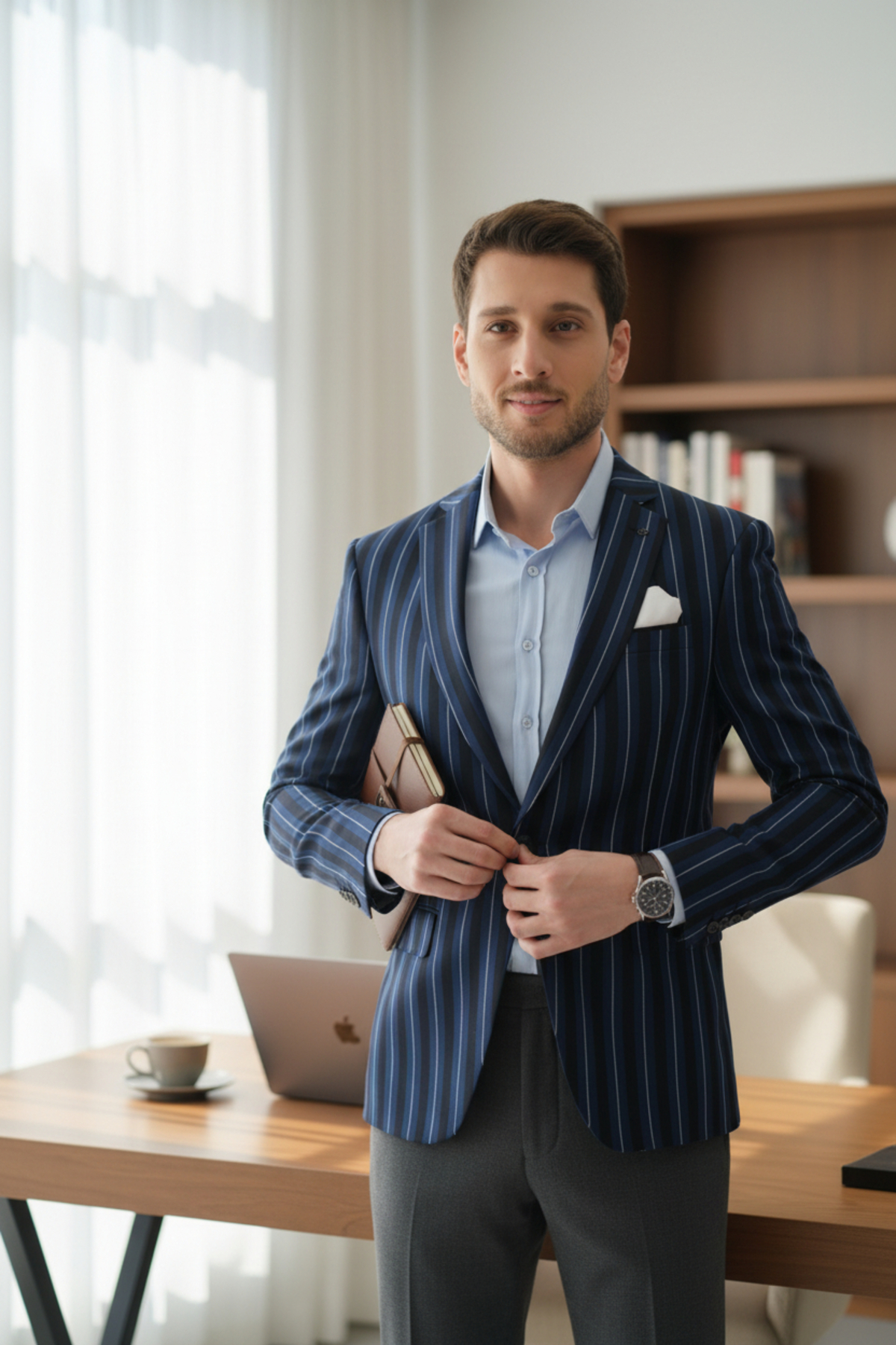 Frappoli  Adora Erkek Mavi Siyah İtalyan Çizgili Slim Fit Mono Yaka Esneyen Kumaş Blazer Ceket