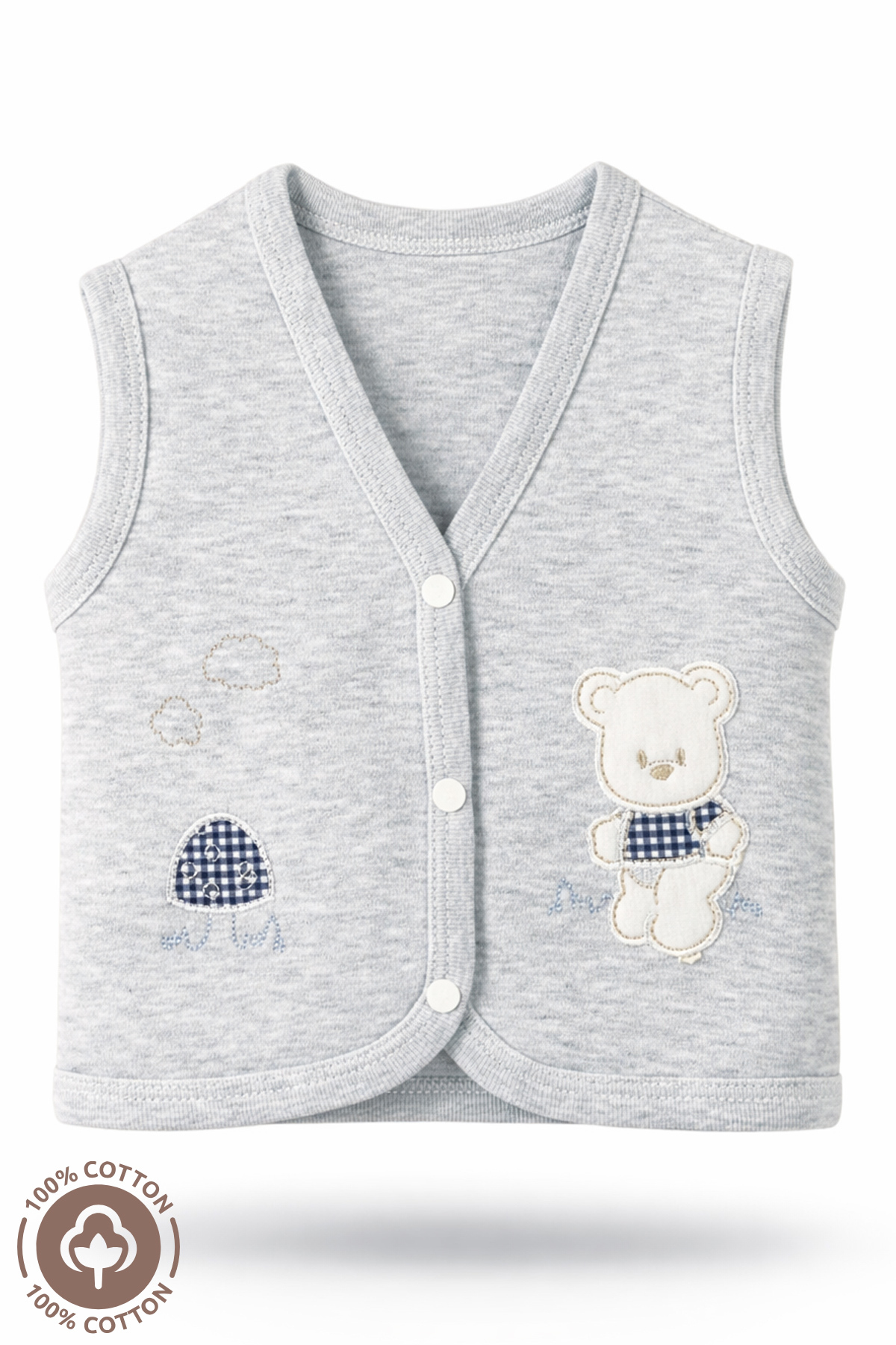 Miniel Unisex Bebek Mantarlı Ayıcık Nakışlı Organik Pamuklu 3-6-9 Ay 2li Penye Bebek Yelek - Gri fotoğrafı 2 (önizleme)