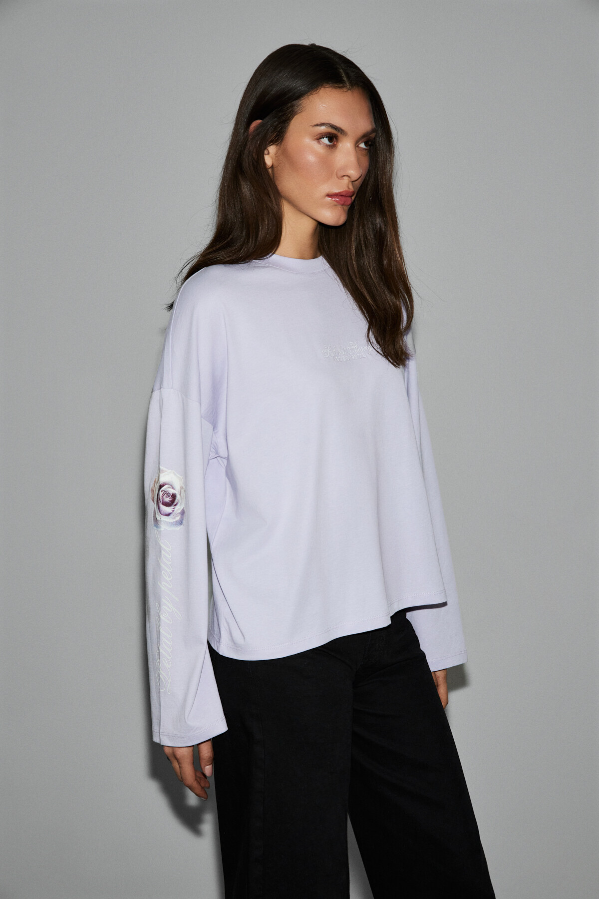 GRIMELANGE CIANELLE Kadın Organik Pamuklu Bisiklet Yakalı Uzun Kollu Oversize Lila T-Shirt görsel 5