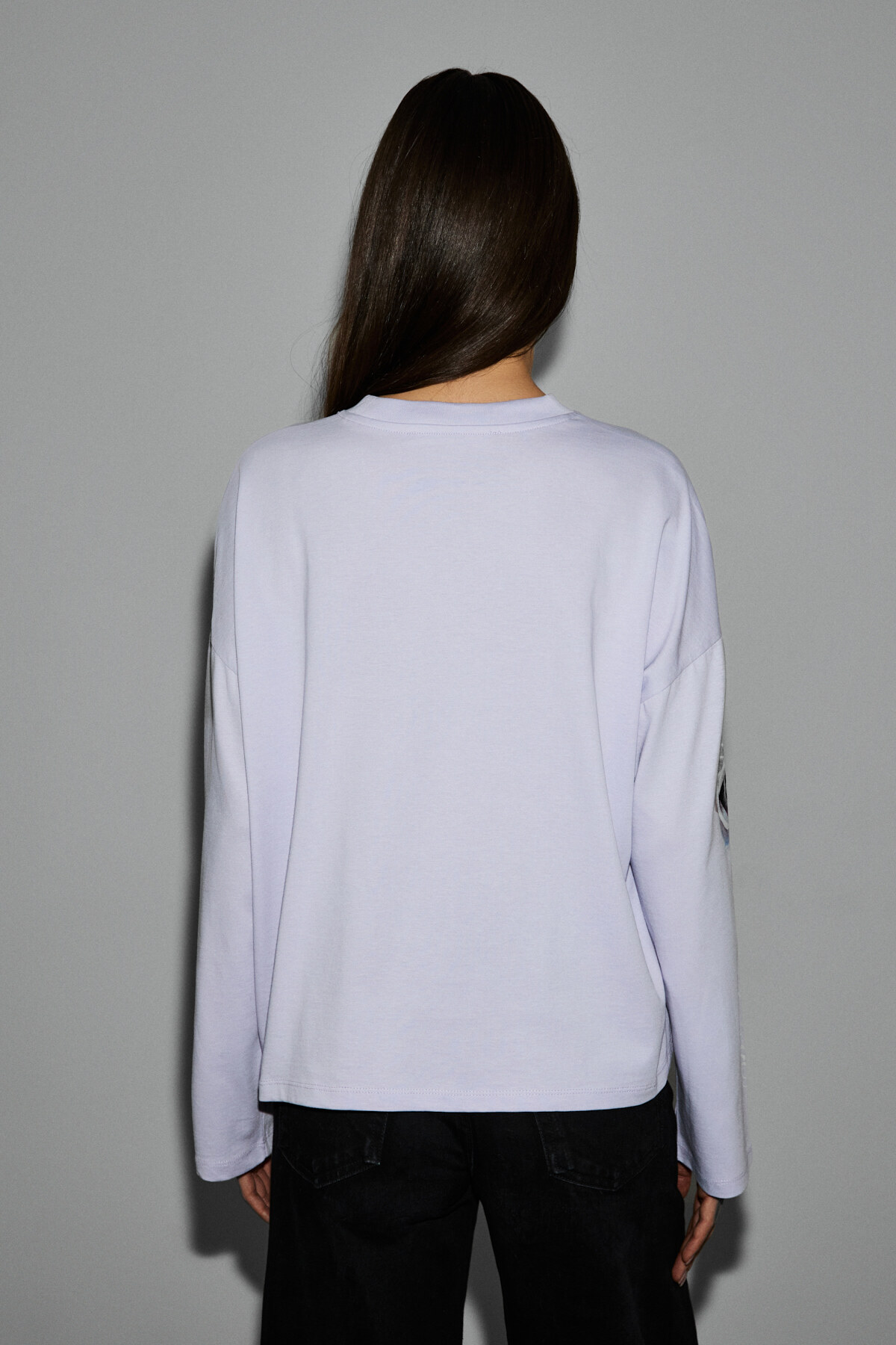 GRIMELANGE CIANELLE Kadın Organik Pamuklu Bisiklet Yakalı Uzun Kollu Oversize Lila T-Shirt görsel 7