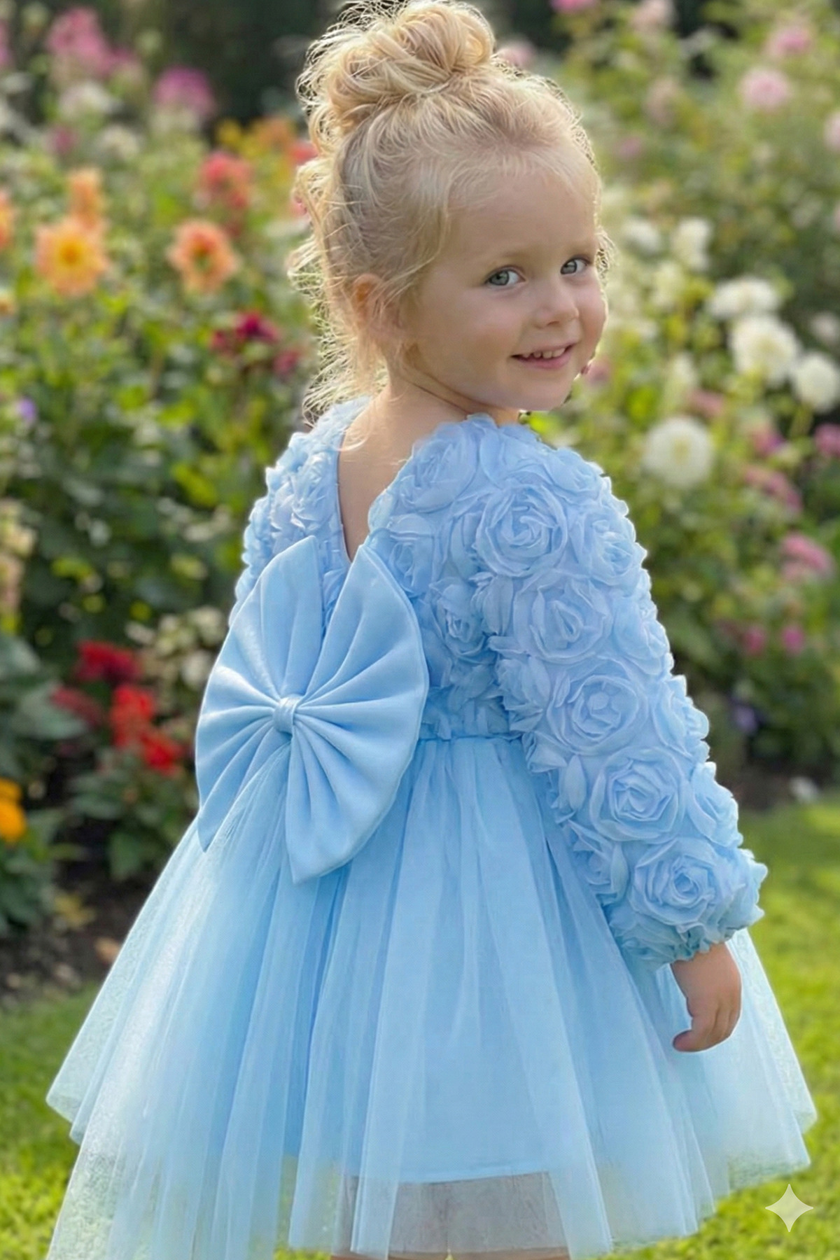 ALYRA Kız Bebek Elbise Uzun Kollu Fiyonklu Güllü Doğum Günü Parti Düğün Özel Gün Abiye Kız Çocuk Elbise fotoğrafı 3 (önizleme)