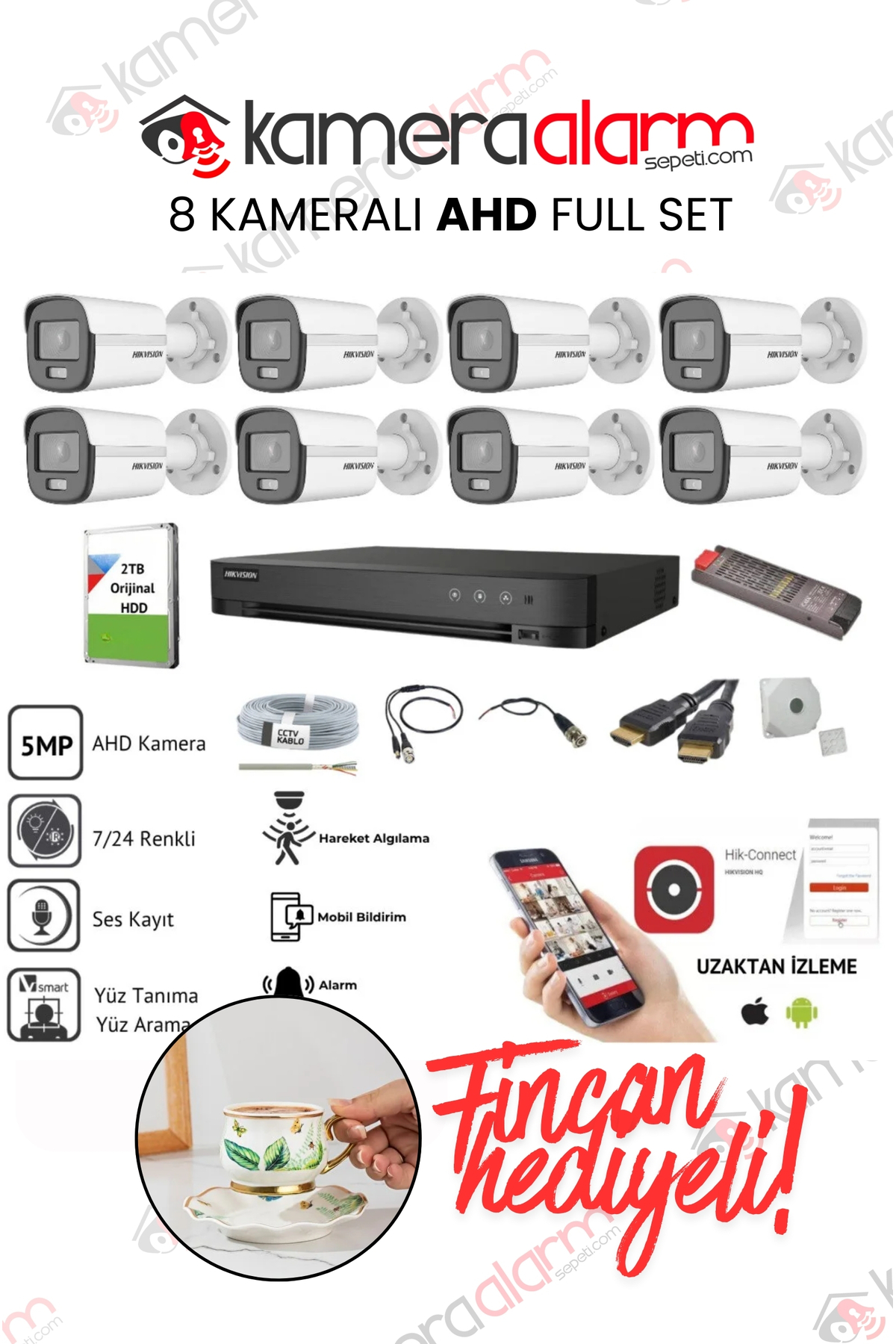 Hikvision 5 Mp 7/24 Renkli Ses Kayıtlı 8li Ahd Kamera Seti