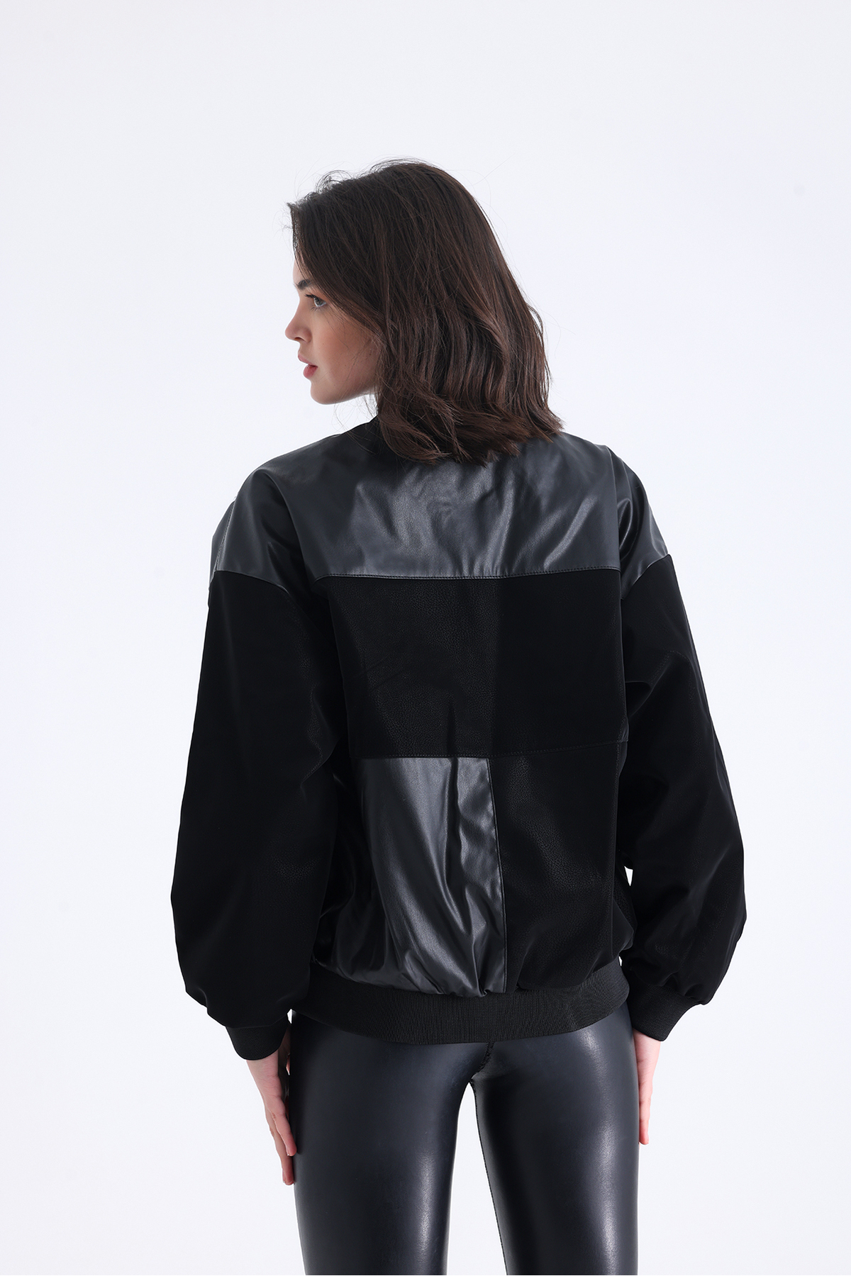 Black Level  Kadın Oversize Baskılı Deri Motorcu Montu Fermuarlı Yarışçı Ceket Astarlı Bomber Kolej Mont - Görsel 6