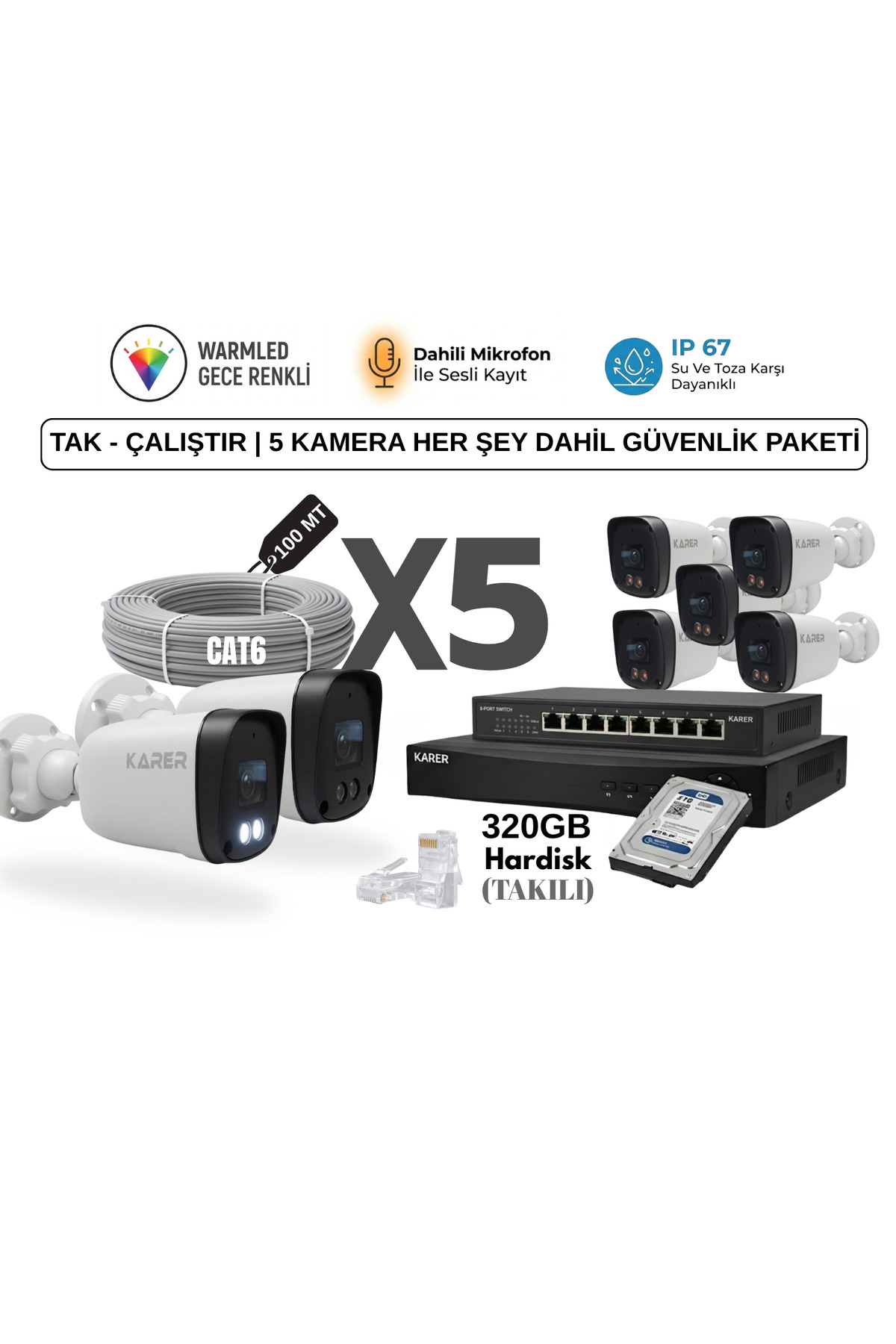 Monitör Dahil 5 Kameralı Ultra HD IP Güvenlik Seti | Sesli Kayıt - Renkli Gece Görüş - Tak Çalıştır