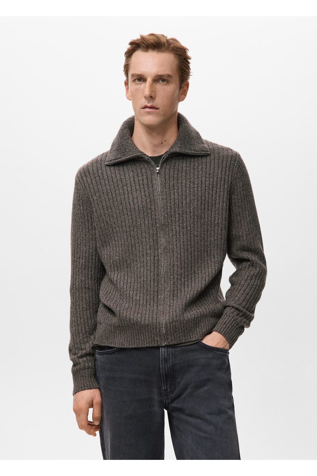 مانگو ژاکت کش باف پشمی زیپ دار طرح دار