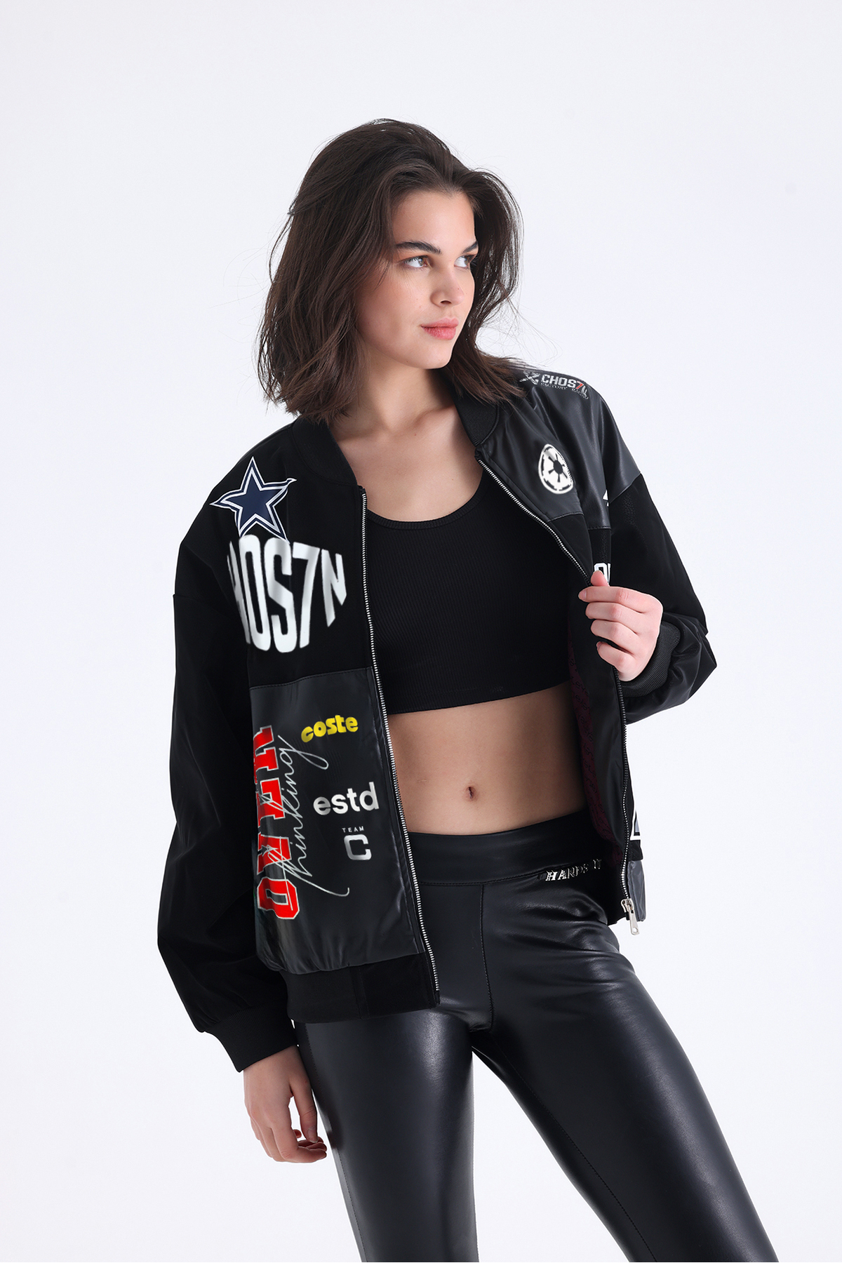 Black Level  Kadın Oversize Baskılı Deri Motorcu Montu Fermuarlı Yarışçı Ceket Astarlı Bomber Kolej Mont - Görsel 5