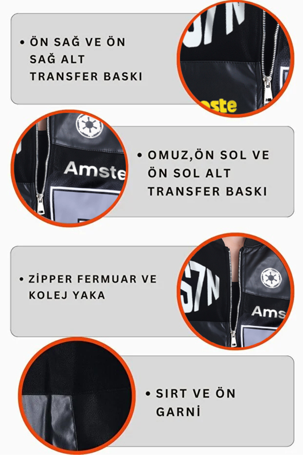 Black Level  Kadın Oversize Baskılı Deri Motorcu Montu Fermuarlı Yarışçı Ceket Astarlı Bomber Kolej Mont - Görsel 7