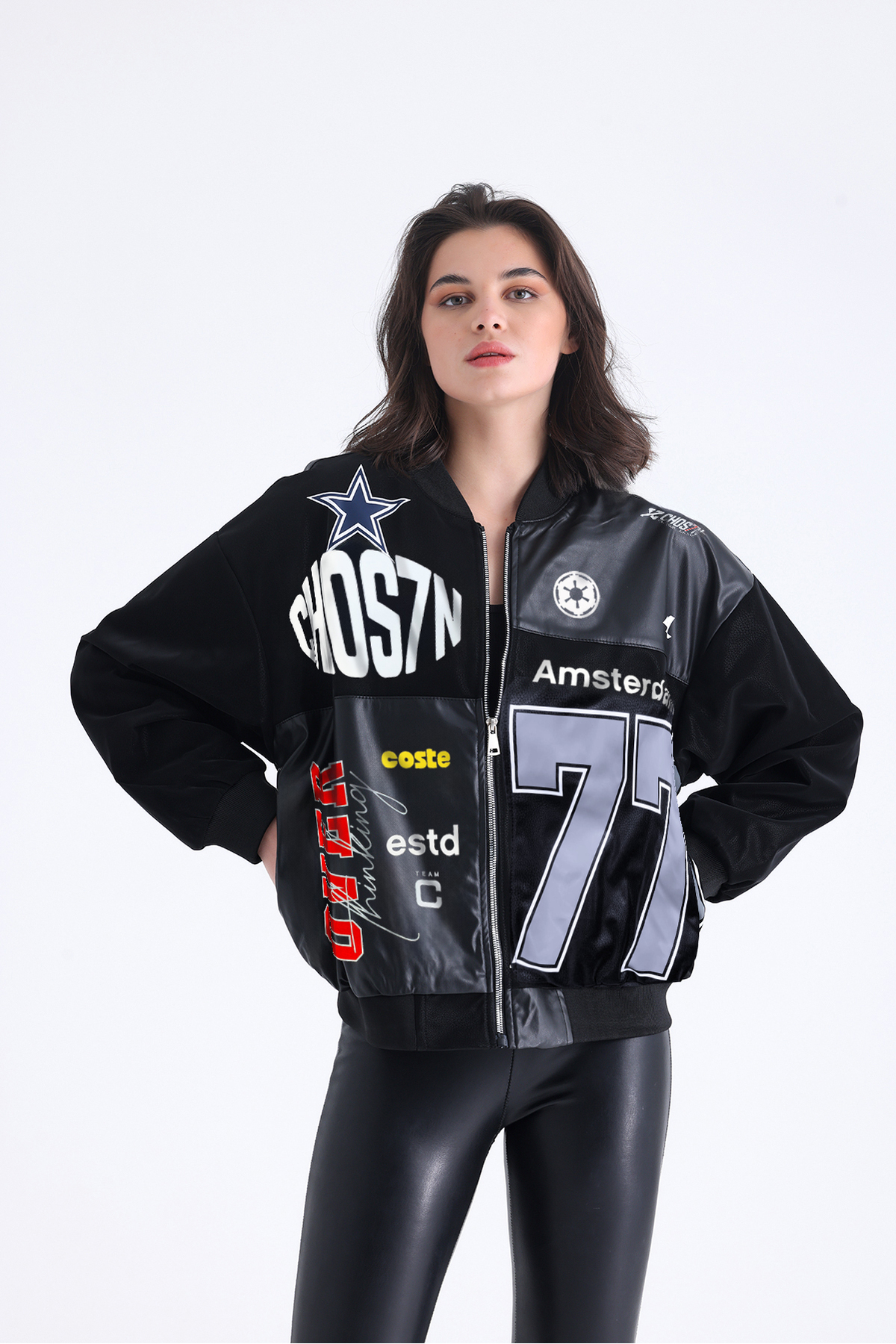 Black Level  Kadın Oversize Baskılı Deri Motorcu Montu Fermuarlı Yarışçı Ceket Astarlı Bomber Kolej Mont