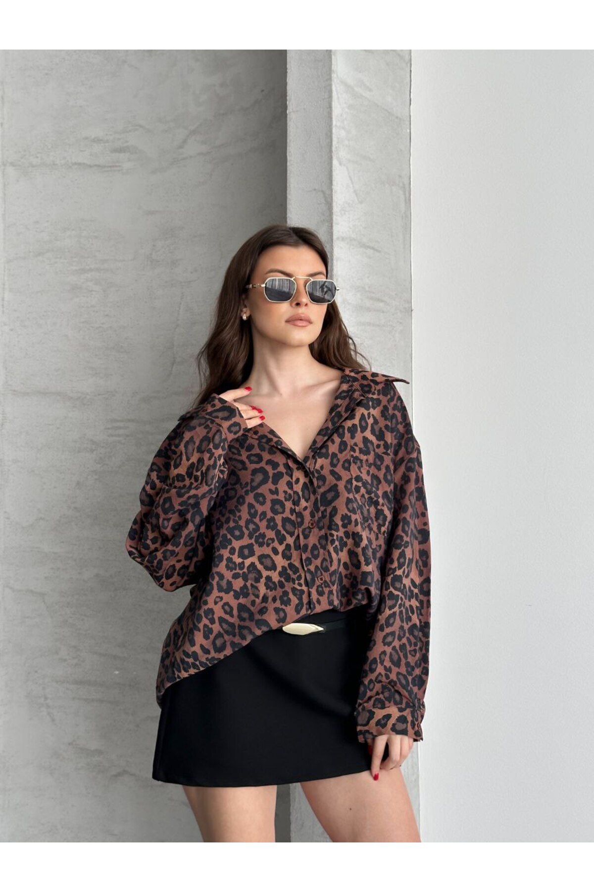 İLKCET MODA  Leopar Desenli Oversize Kadın Gömlek - Görsel 9