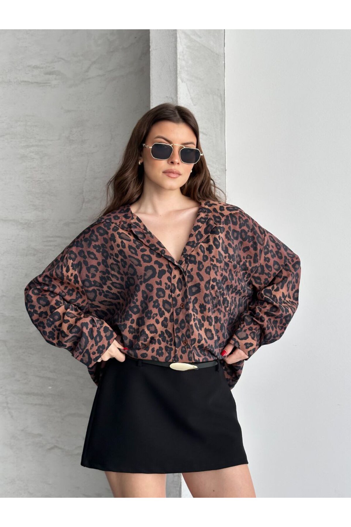 İLKCET MODA  Leopar Desenli Oversize Kadın Gömlek - Görsel 3