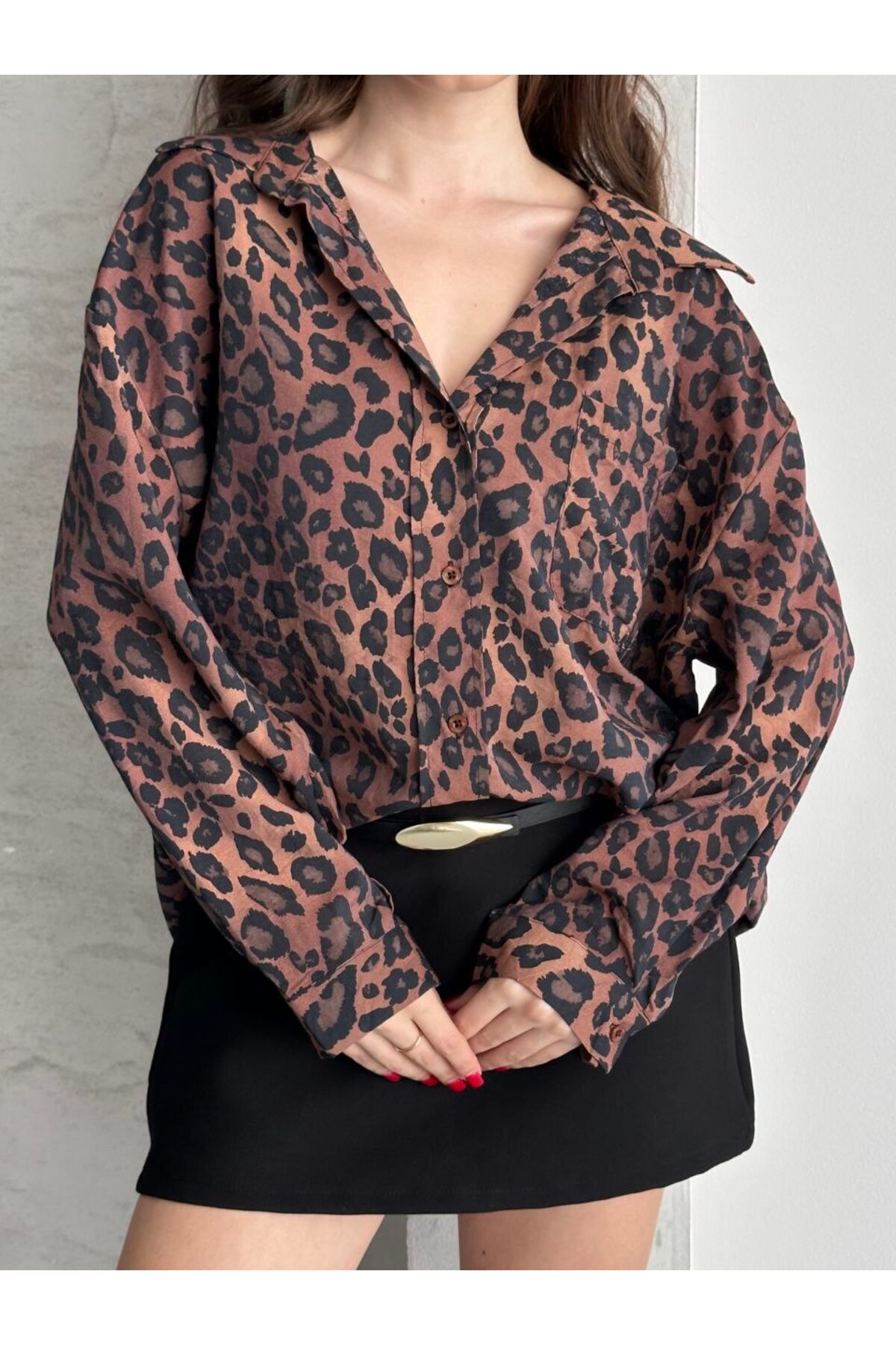İLKCET MODA  Leopar Desenli Oversize Kadın Gömlek - Görsel 4