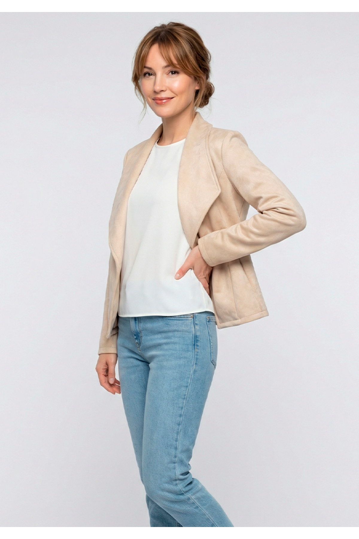Little Visqon  Kadın Taş Rengi Süet Dokulu Blazer Ceket Casual ve Günlük Ofis Stili - Görsel 6