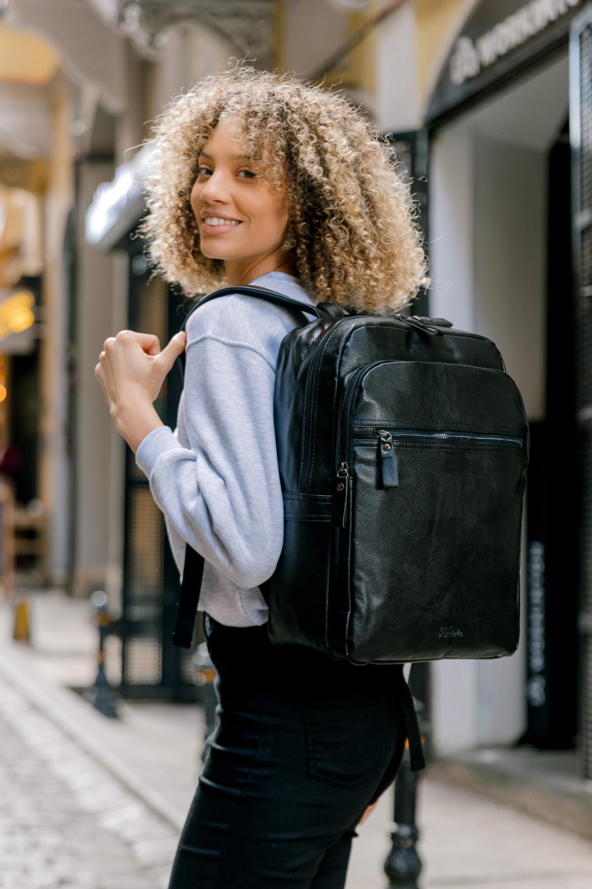 Fudela Monako Siyah Unisex 15.6 İnç Laptop Bölmeli Su Geçirmez Günlük Suni Deri Sırt Çantası görsel 2
