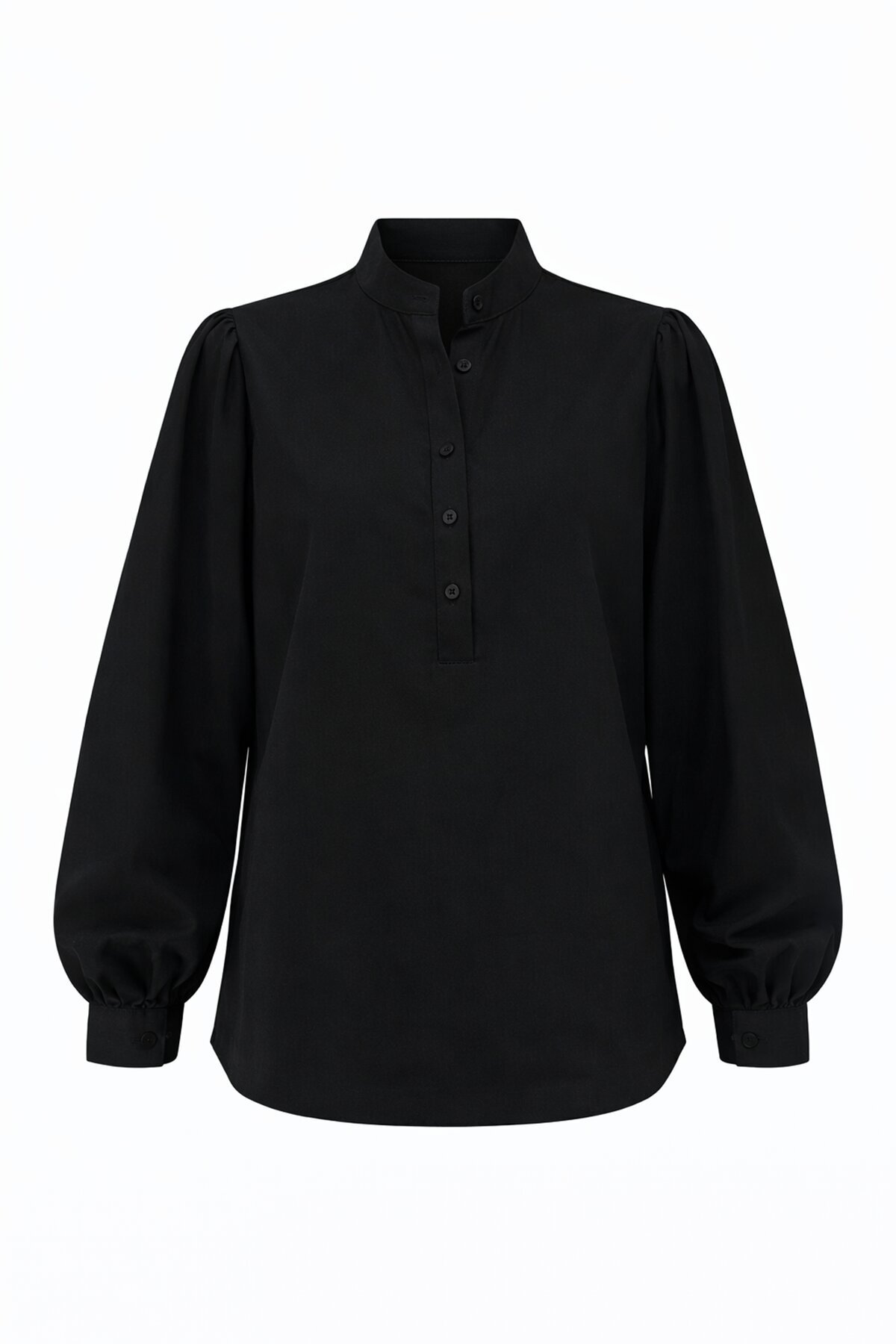 VAGGON  Siyah Hakim Yaka Yarım Pat Balon Kol Poplin Dokuma Gömlek - Görsel 2