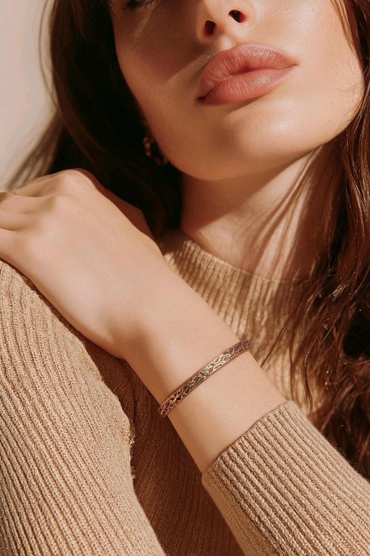 NBS Beautiful Naturel Stones Bakır Saf Bileklik Ağaç Desenli Ayarlanabilir Unisex Çok Kaliteli Ajda model görsel 2