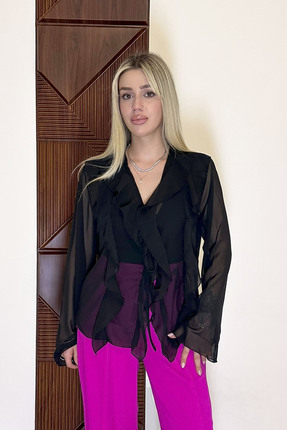 ECOTİQUE Kadın Siyah Büzgü ve Fırfır Detaylı Bağlamalı Dökümlü Şifon Volanlı ...