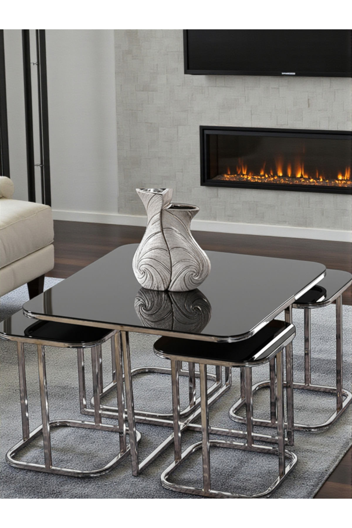 5li Oval Kenar (KURULUM GEREKTİRMEZ) 4 1 Siyah Aynalı Temperli Cam Gümüş Ayak Takım Sehpa Bohem