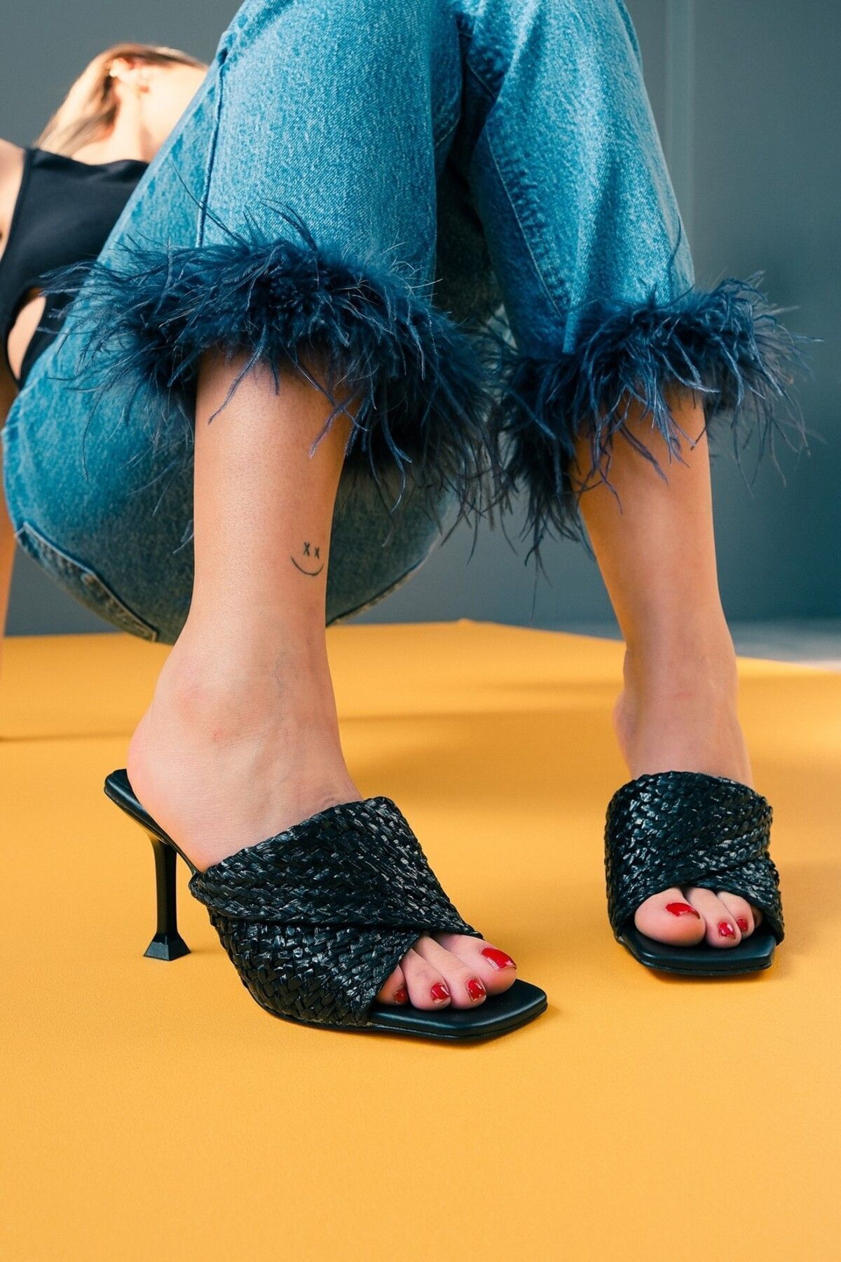 Black Wicker Women's Style Heeled Slippers Emma
