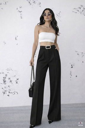 LEXİNWEAR Kadın Palazzo Pileli Kemerli Pantolon DoubleFace İthal Kumaş Yüksek...