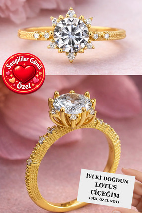 CARAT STONE Gümüş altın kaplama Lotus çiçeği tek taş yüzük. IŞIKLI KUTUDA TEK...