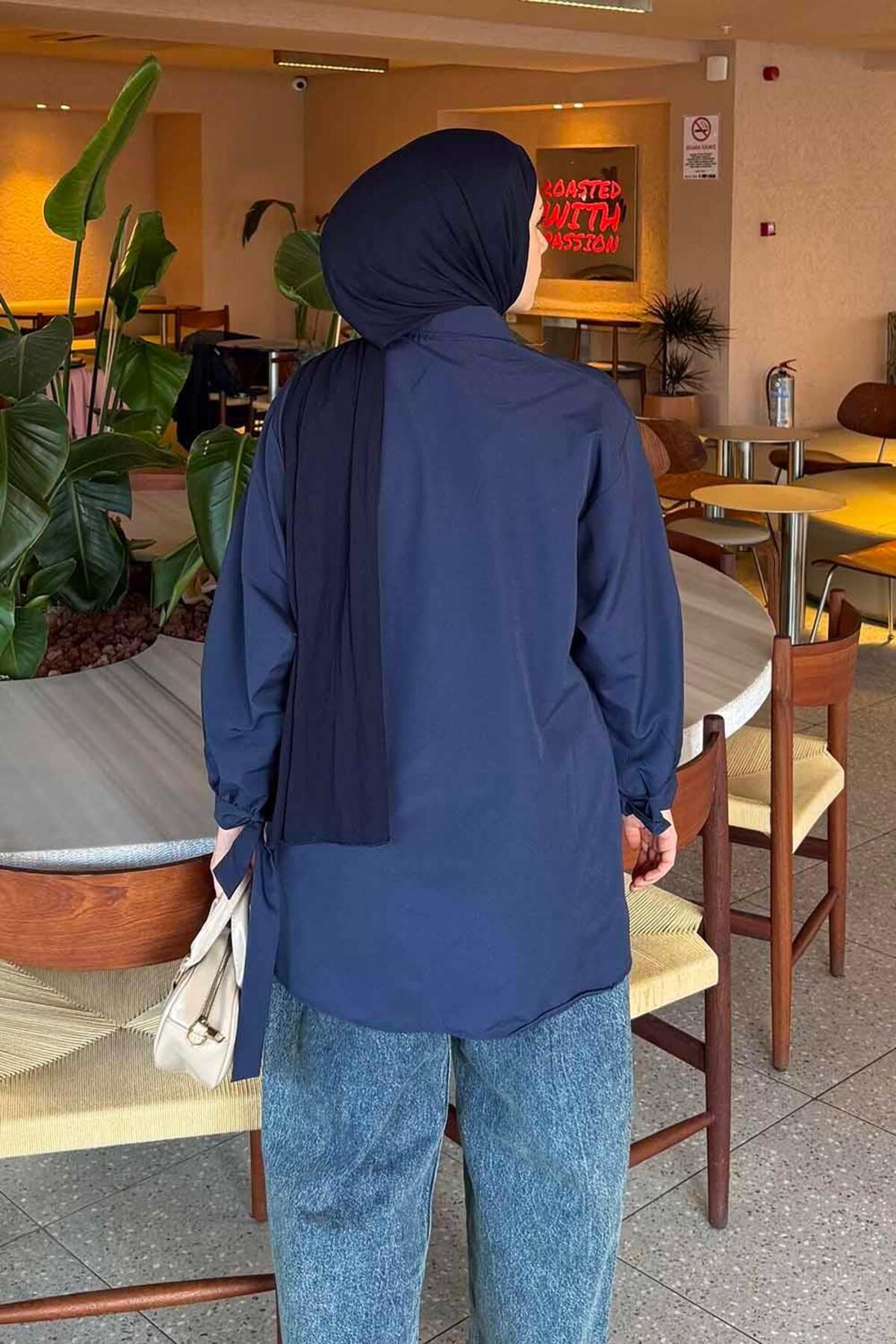 lamelif Kol Detaylı Gömlek Oversize Gömlek Lacivert görsel 4