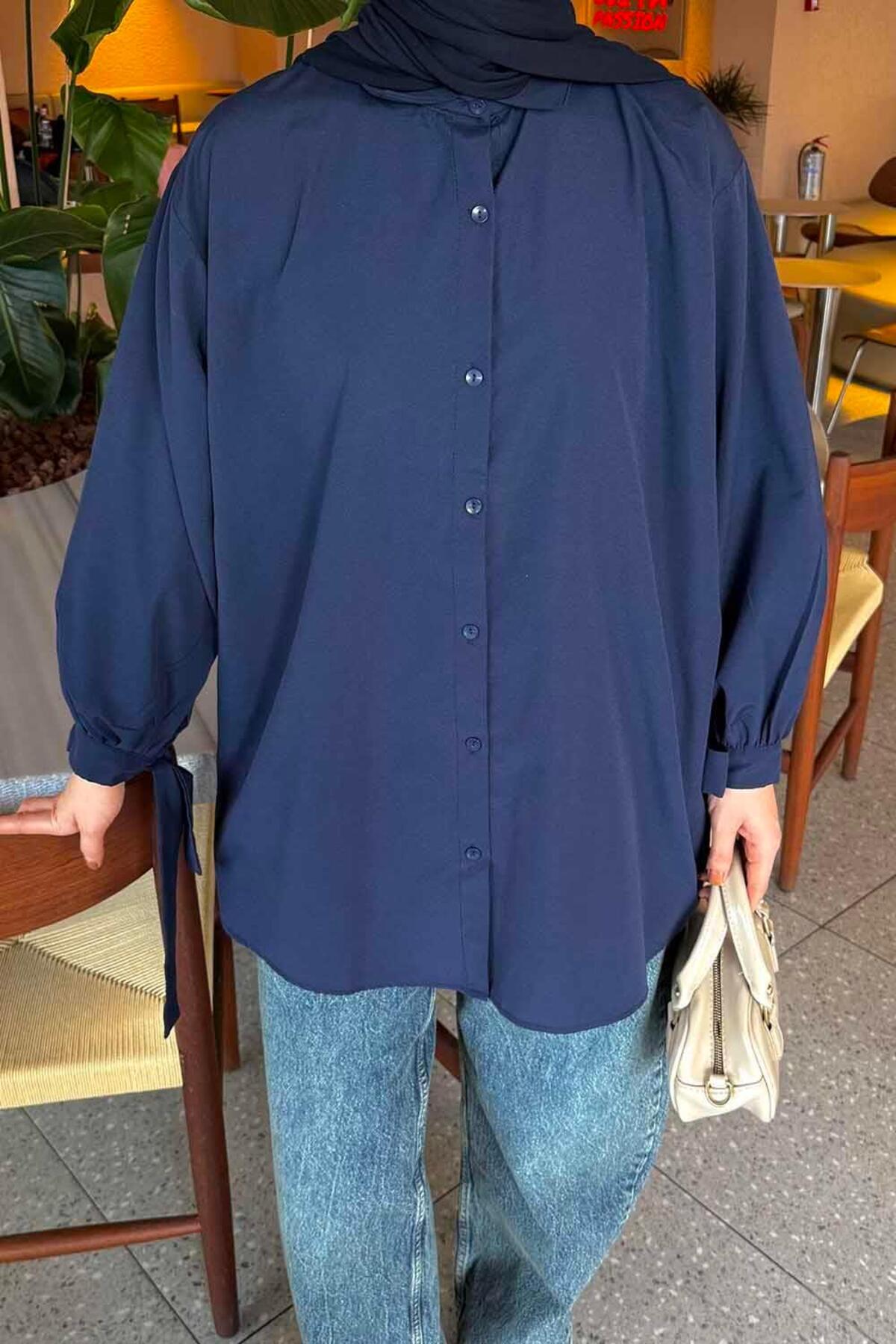 lamelif Kol Detaylı Gömlek Oversize Gömlek Lacivert görsel 3