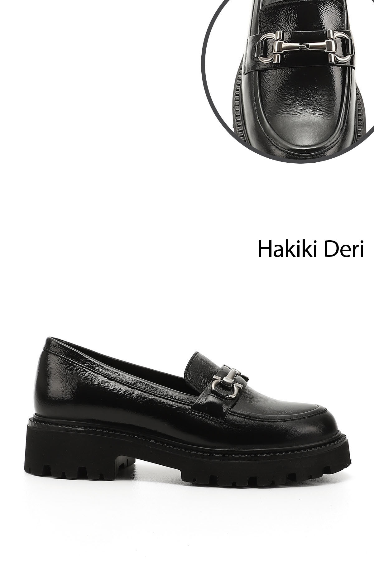 Women's Black Spring Thick Heel Buckle Genuine Leather Loafer Shoes