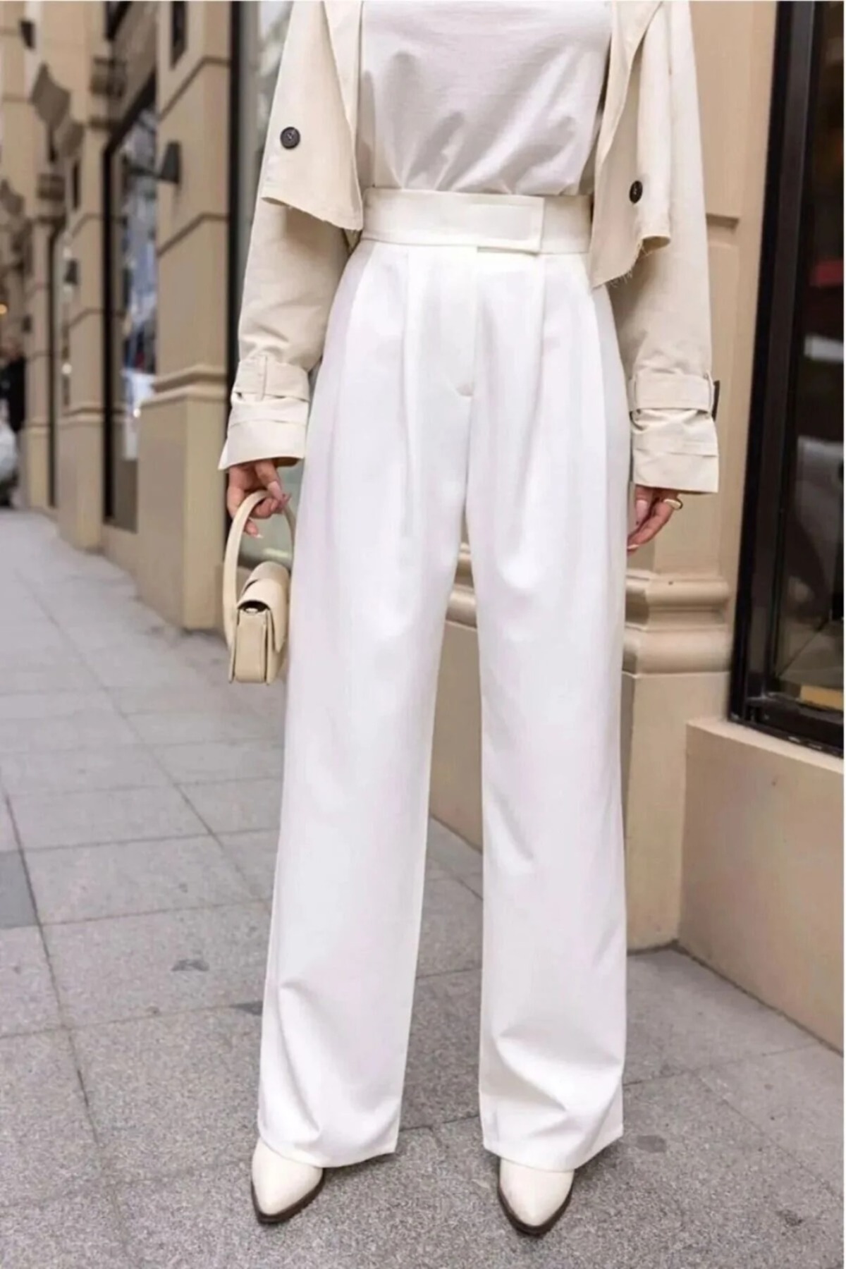 BILDEŞA  Kadın Yüksek Bel Cırtlı Beli Beyaz Palazzo Pantolon - Görsel 3