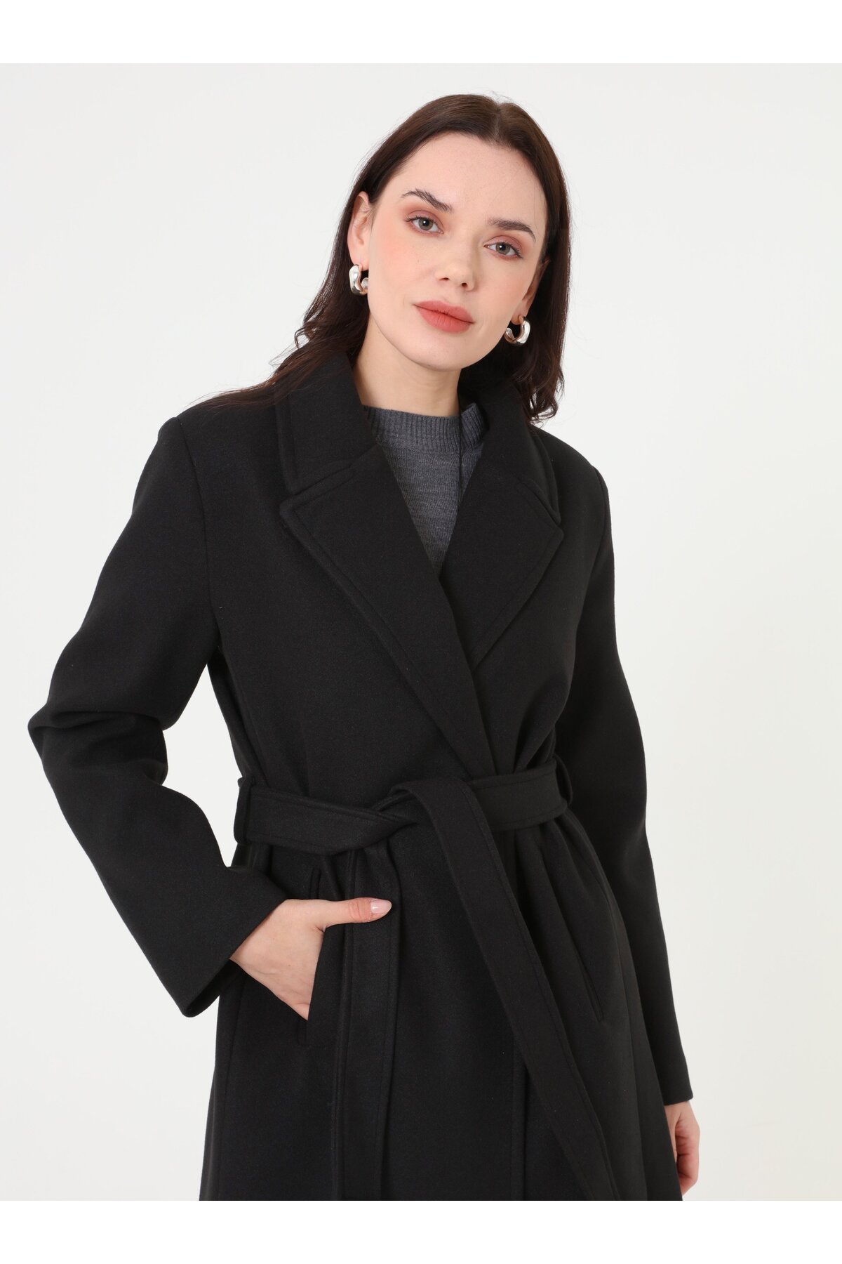 Refka  Kemer Detaylı Uzun Klasik Kaban - Siyah - - Görsel 3