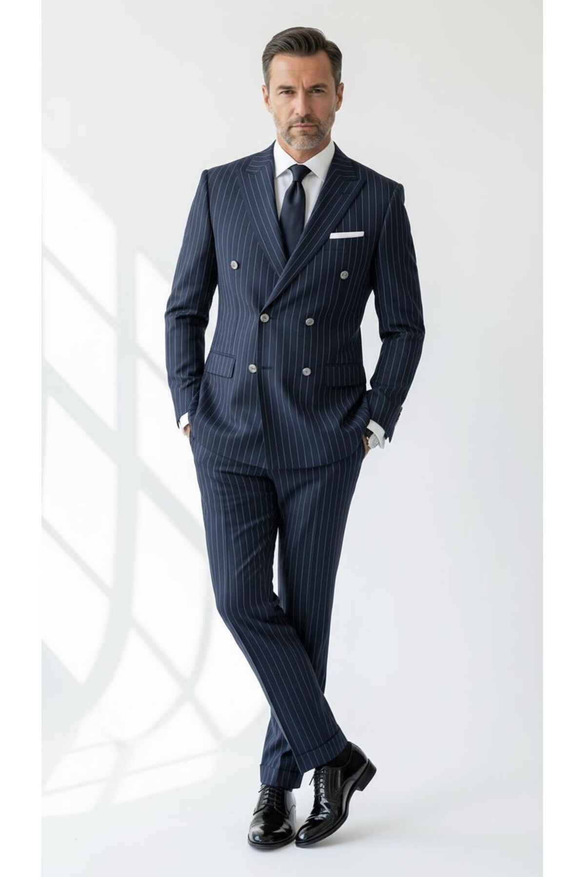 Plus Scorpion  Çizgili Kruvaze Erkek Takım Elbise – Şık ve Rahat İtalyan Kesim, Belden Oturtmalı, Top Düğmeli - Görsel 2