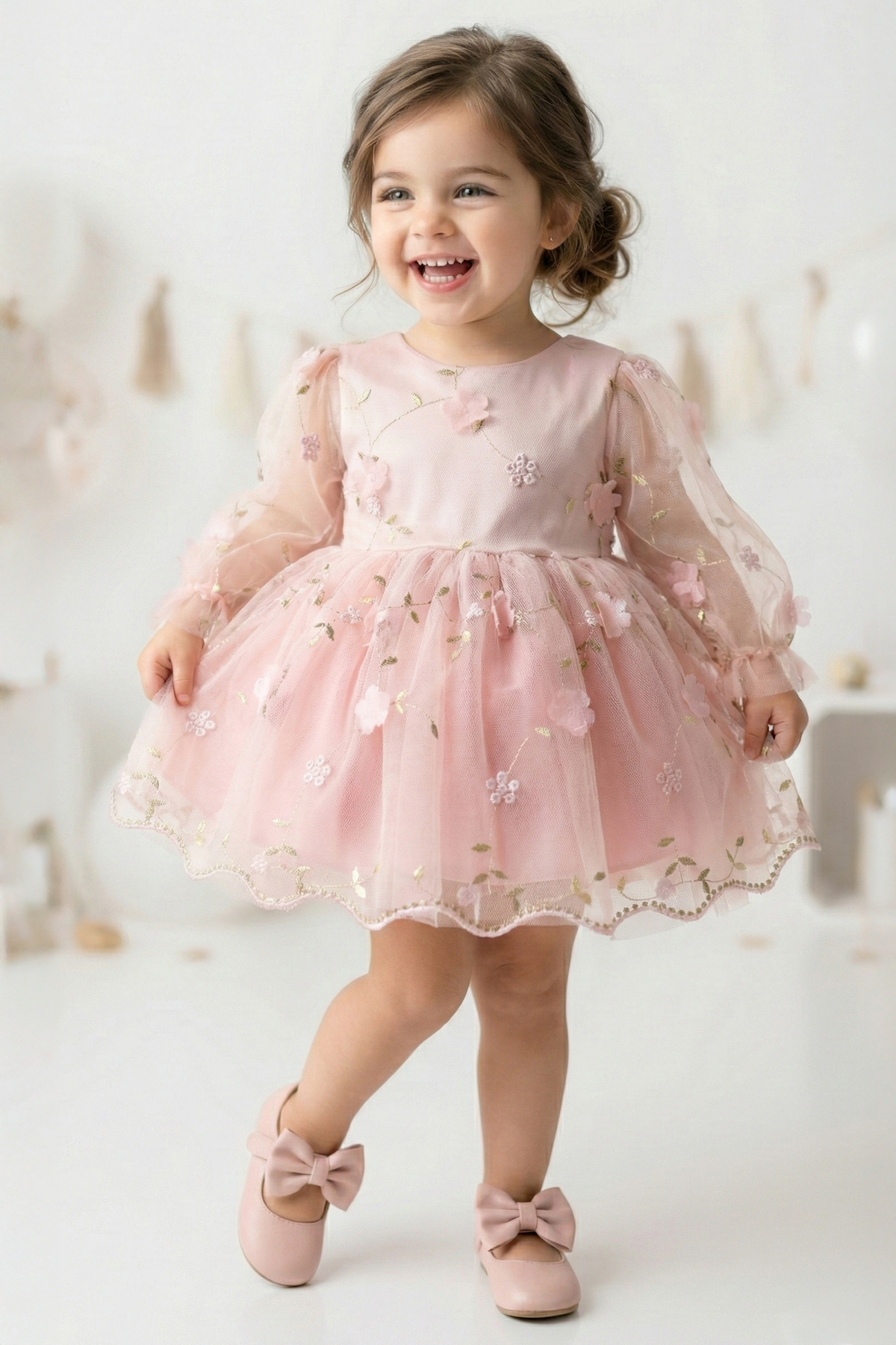 Baby Animals Kız Bebek Elbise Kız Çocuk Elbise Çiçekli Doğum Günü Parti Düğün Özel Gün Uzun Kol Astarlı Fiyonklu fotoğrafı 5 (önizleme)