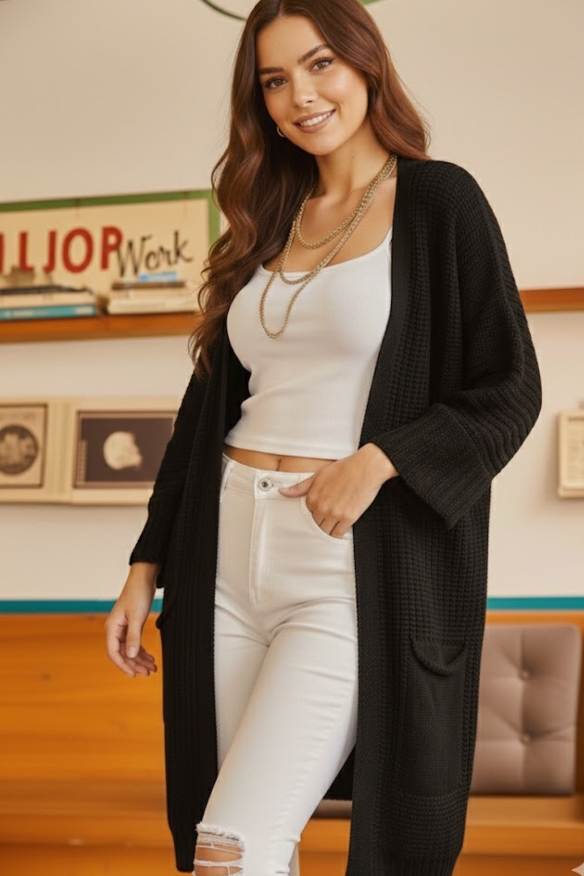 Marvine  Kadın Siyah Oversize Model Triko Hırka - Görsel 2