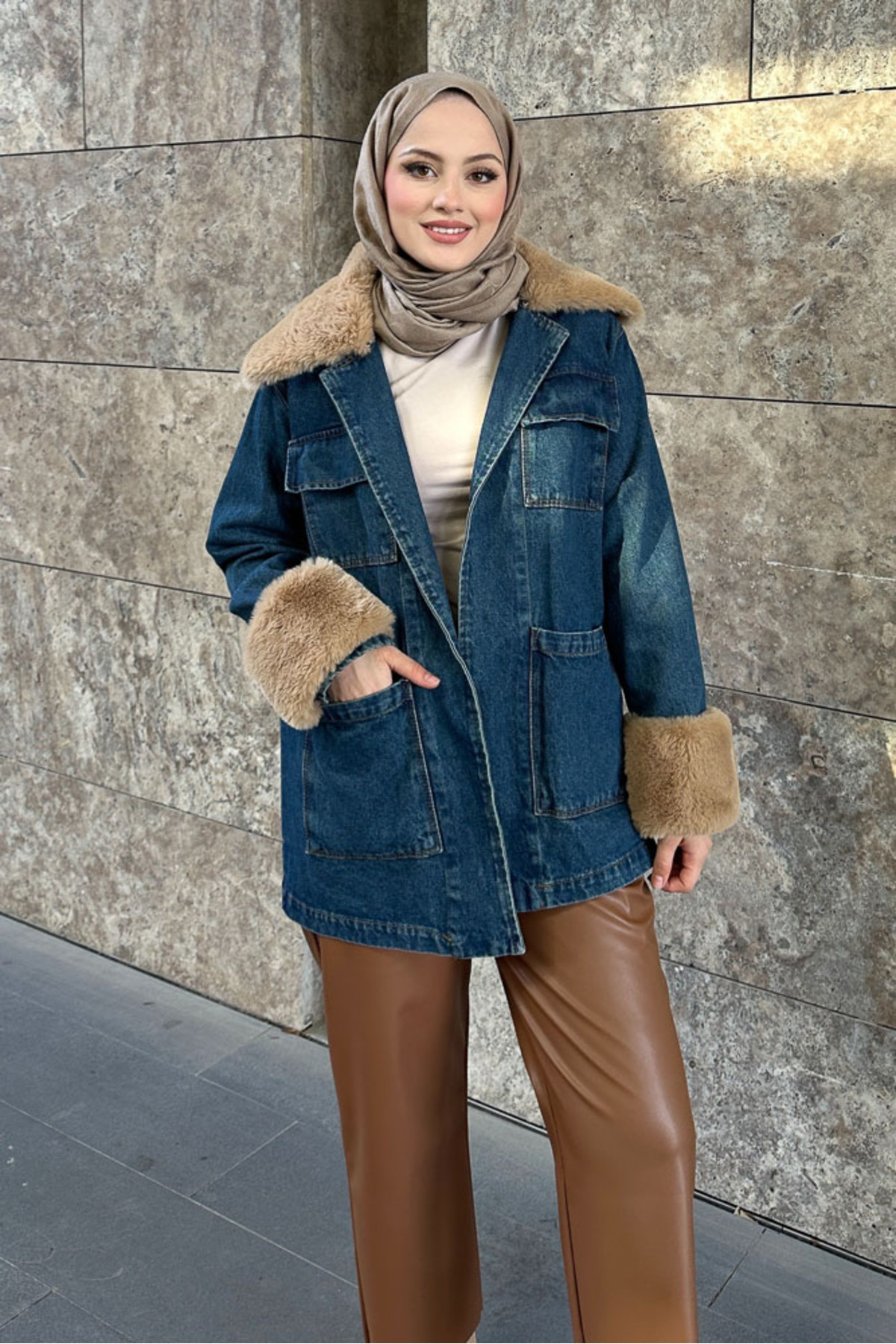 Ovn.  Kürklü Denim Ceket - Koyu Mavi - Görsel 5