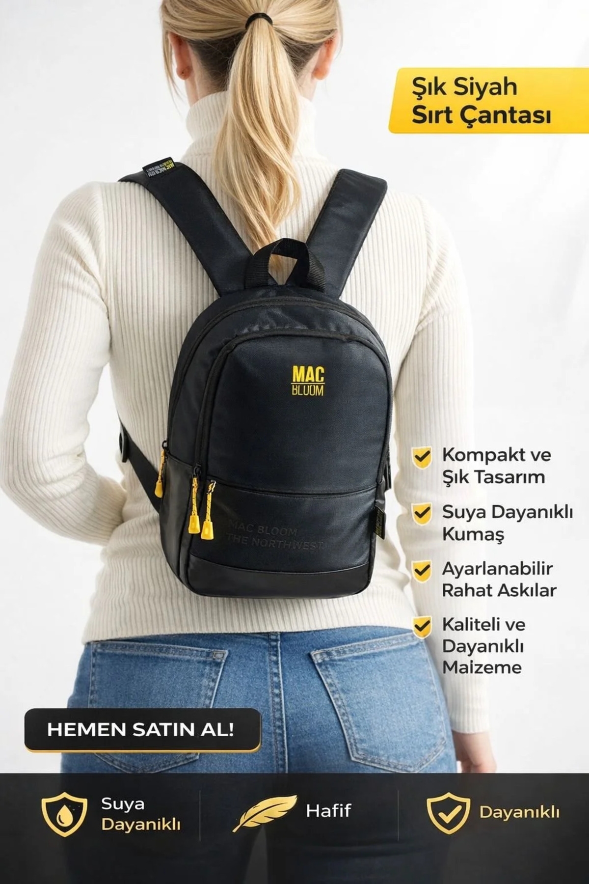 MAC BLOOM Unisex Su Geçirmez Kumaş Sırt ve Omuz Destekli Astarlı Şık Tasarım Günlük Kullanım Sırt Çantası görsel 2