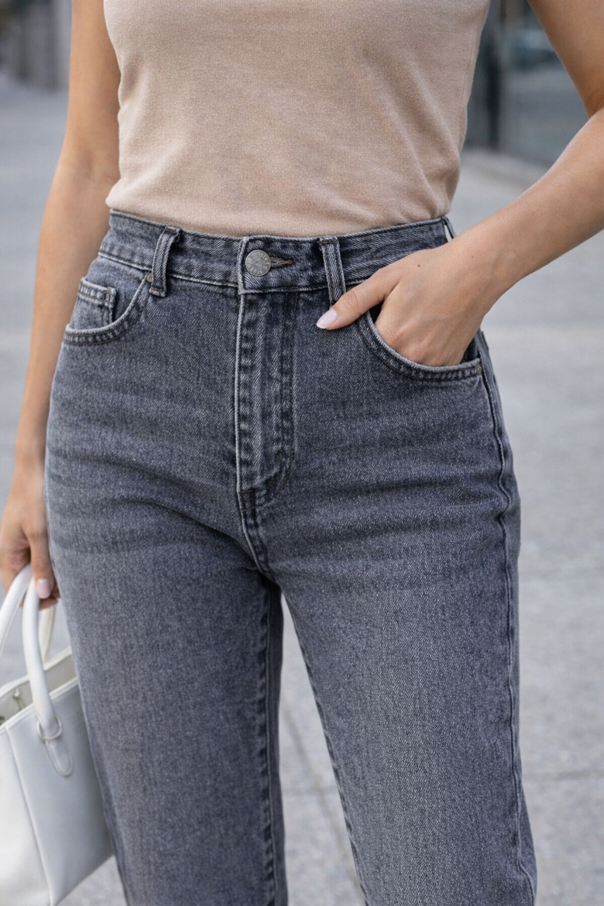 CEDY DENIM  Mom Fit Jean Yüksek Bel Boyfriend Kesim Likralı Esnek Açık Gri Kadın Kot Pantolon C599 - Görsel 3