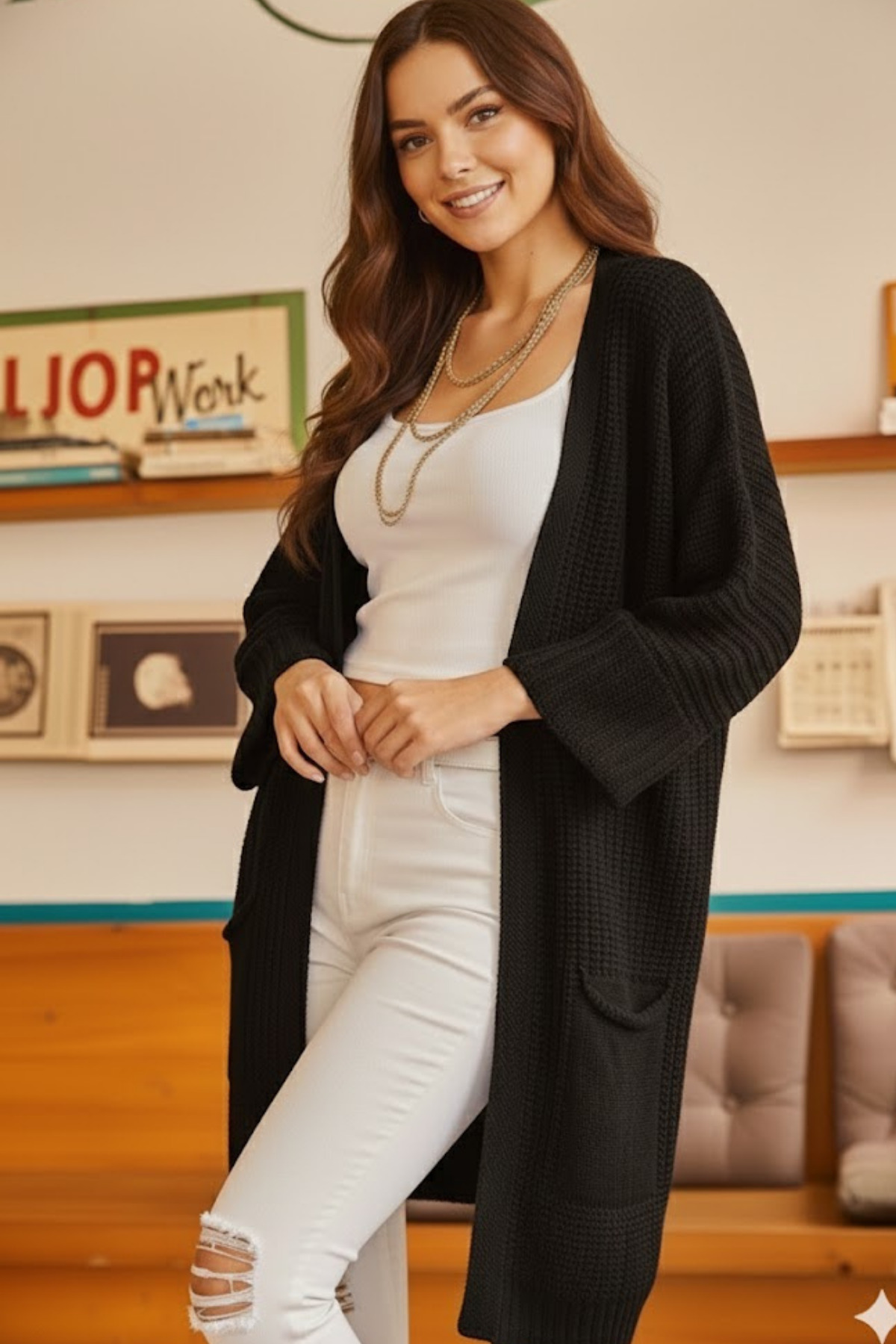 Marvine  Kadın Siyah Oversize Model Triko Hırka