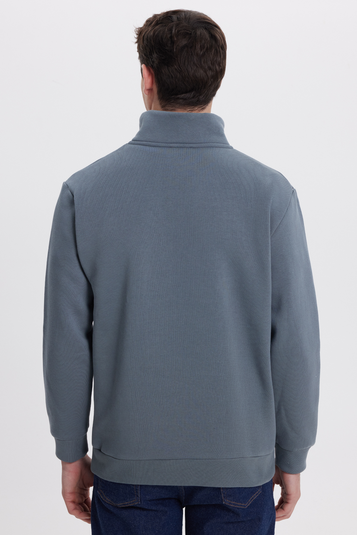 Unisex Relax Fit Rahat Kesim Pamuklu İçi Polarlı Yarım Fermuarlı Gri Dik Yaka Sweatshirt — خاکستری SW240002 — تصویر 7 از 8