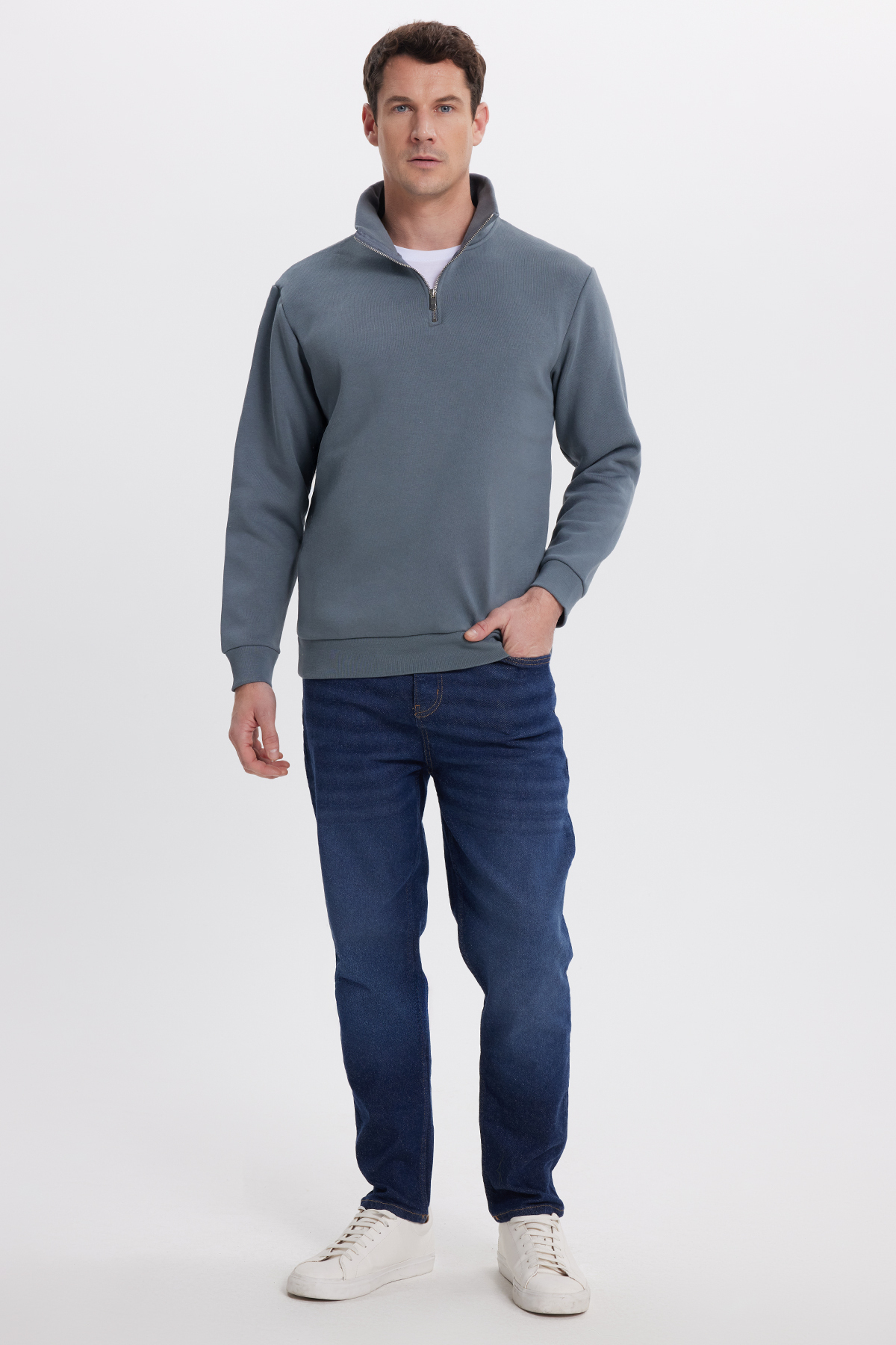 Unisex Relax Fit Rahat Kesim Pamuklu İçi Polarlı Yarım Fermuarlı Gri Dik Yaka Sweatshirt — خاکستری SW240002 — تصویر 5 از 8