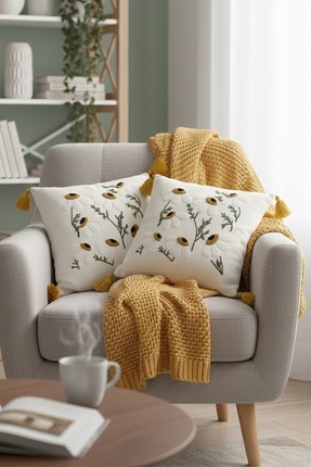 SİMEREV HALI HOME CONSEPT Punch Nakışlı 2 Adet Krem Kumaş Püsküllü Dokuma Kır...