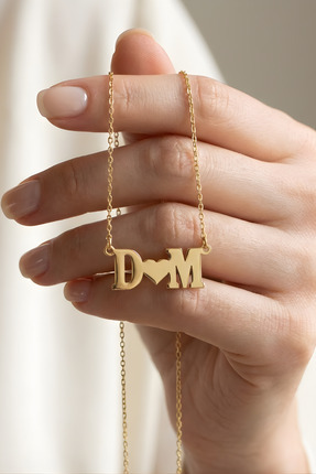 ZOLESSA Kadın 2 Harfli Kalpli Çift Kolyesi 14 Ayar Altın Kaplama 925 Ayar Kar...