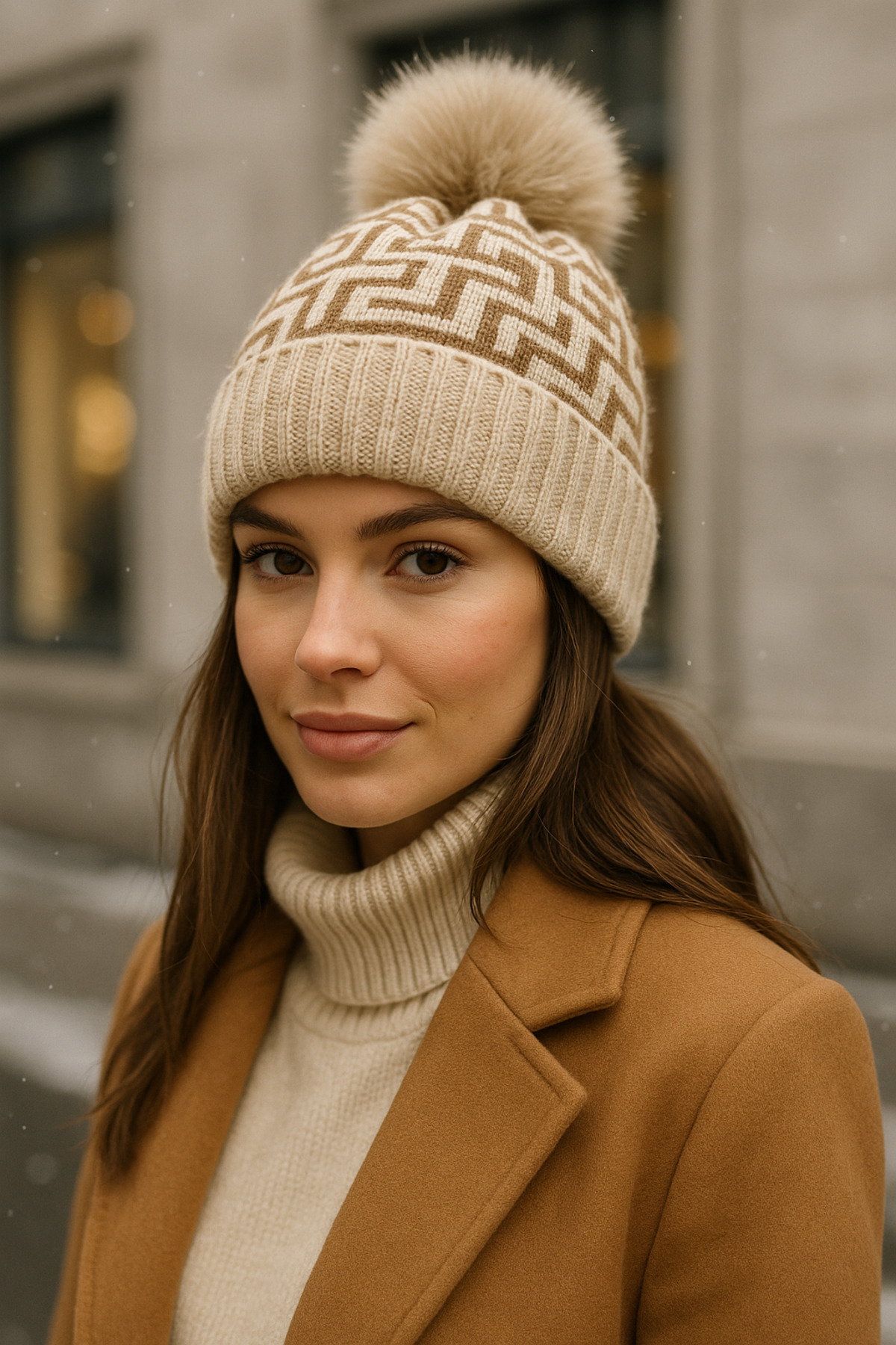 Women's Beige Patterned Pompom Wool Beanie BERE1144
