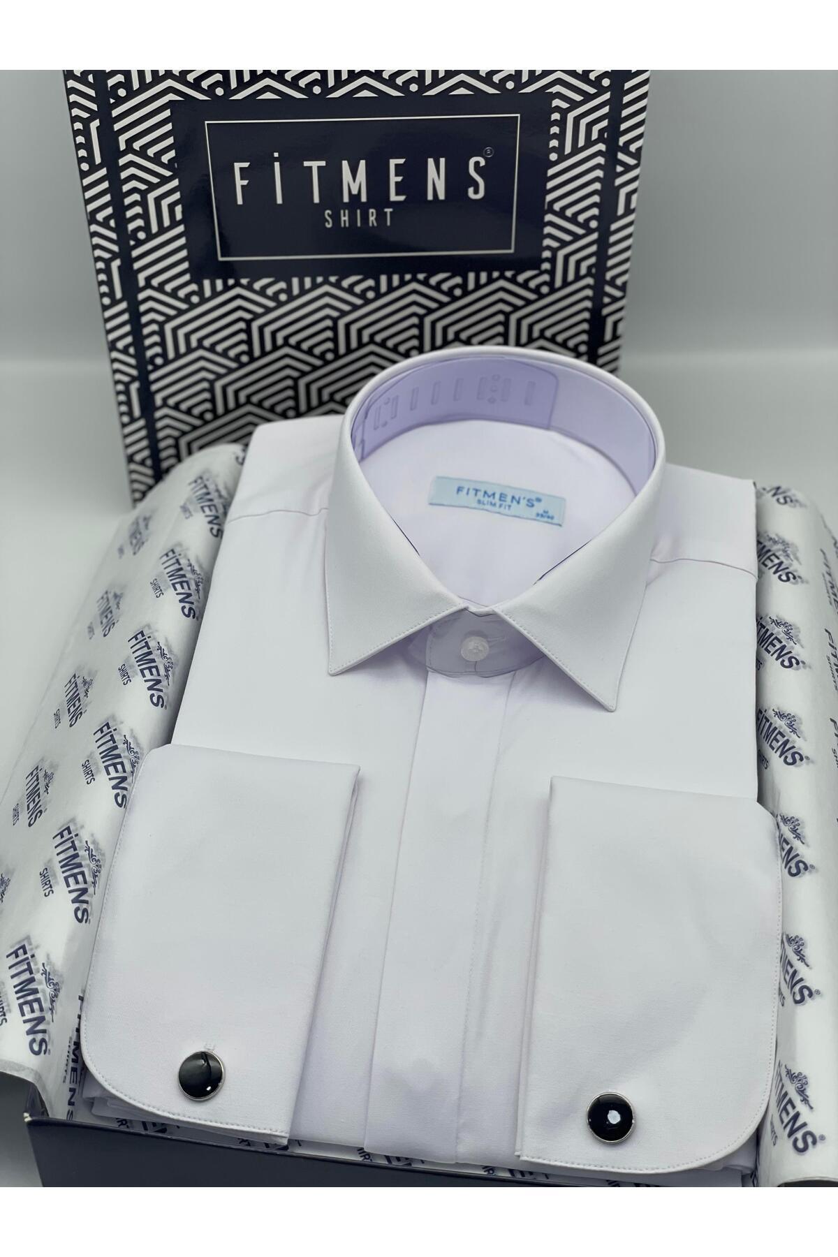 Slim Fit Uzun Kol Gizli Düğmeli Likralı Smokin Damatlık Erkek Gömlek FS-004296 - Beyaz — سفید
