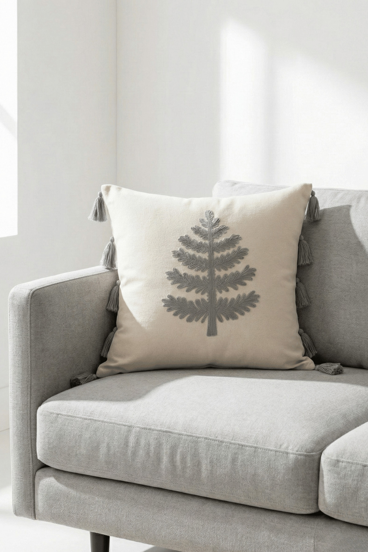 Buldan Wood Patterned Punch Embroidered Tasseled Cotton Throw Pillowcase 43x43 cm