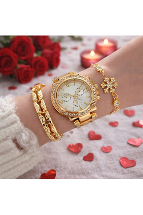 Arzu Butik Gold Renk Metal Kordon Kadın Kol Saati Ve Kombin Bileklik Seti