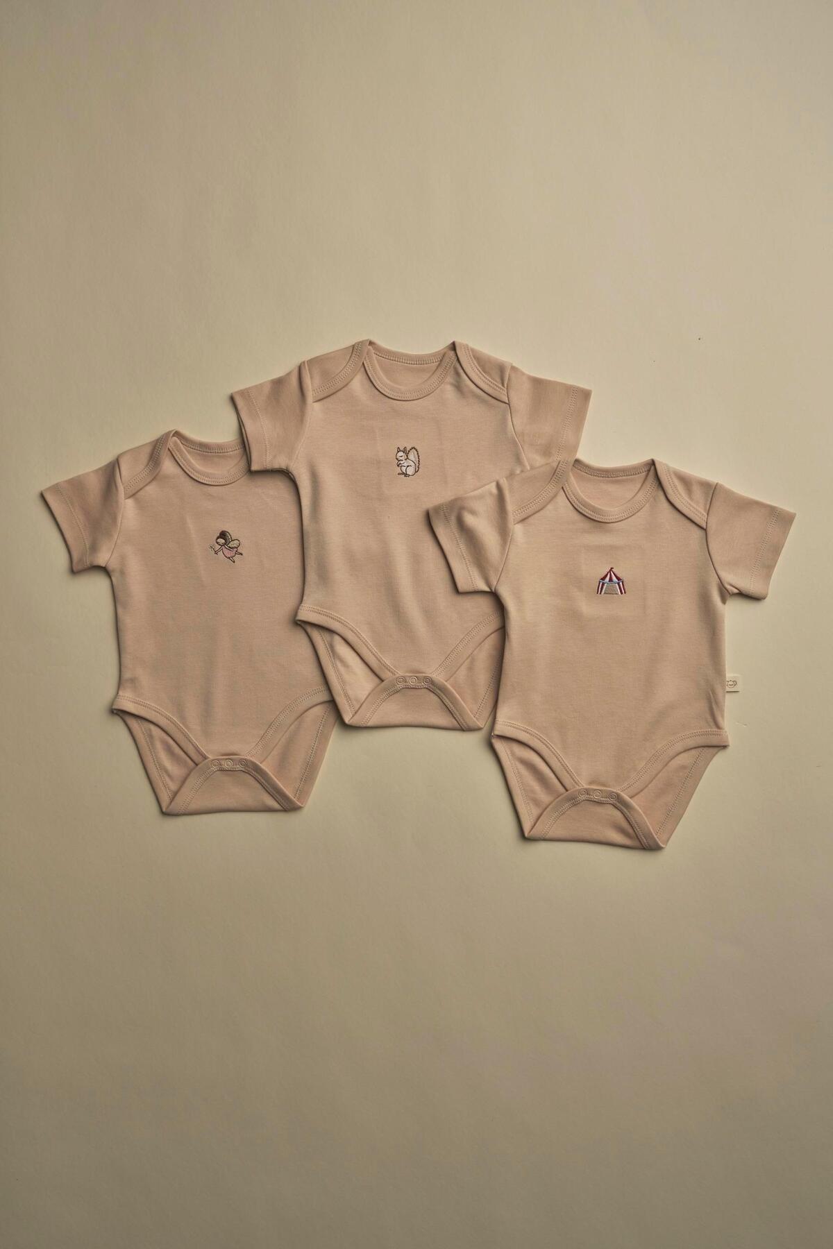 3-Piece Beige Dreams Series Short Sleeve Snapsuit Bodysuit Model 9