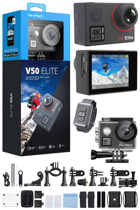 AKASO V50 Elite 4K/60FPS 20MP Wi-Fi Aksiyon Kamera ve Aksesuar Seti, Su Geçir...
